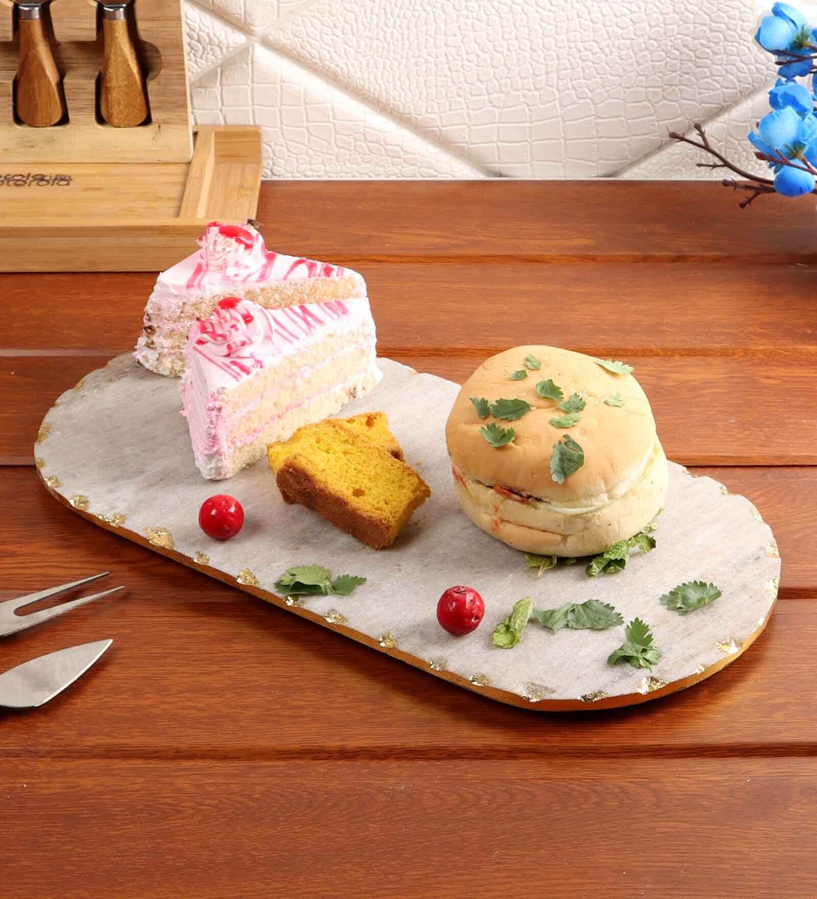 Oval  Marble Serving Tray with Gold Foil (Beige)