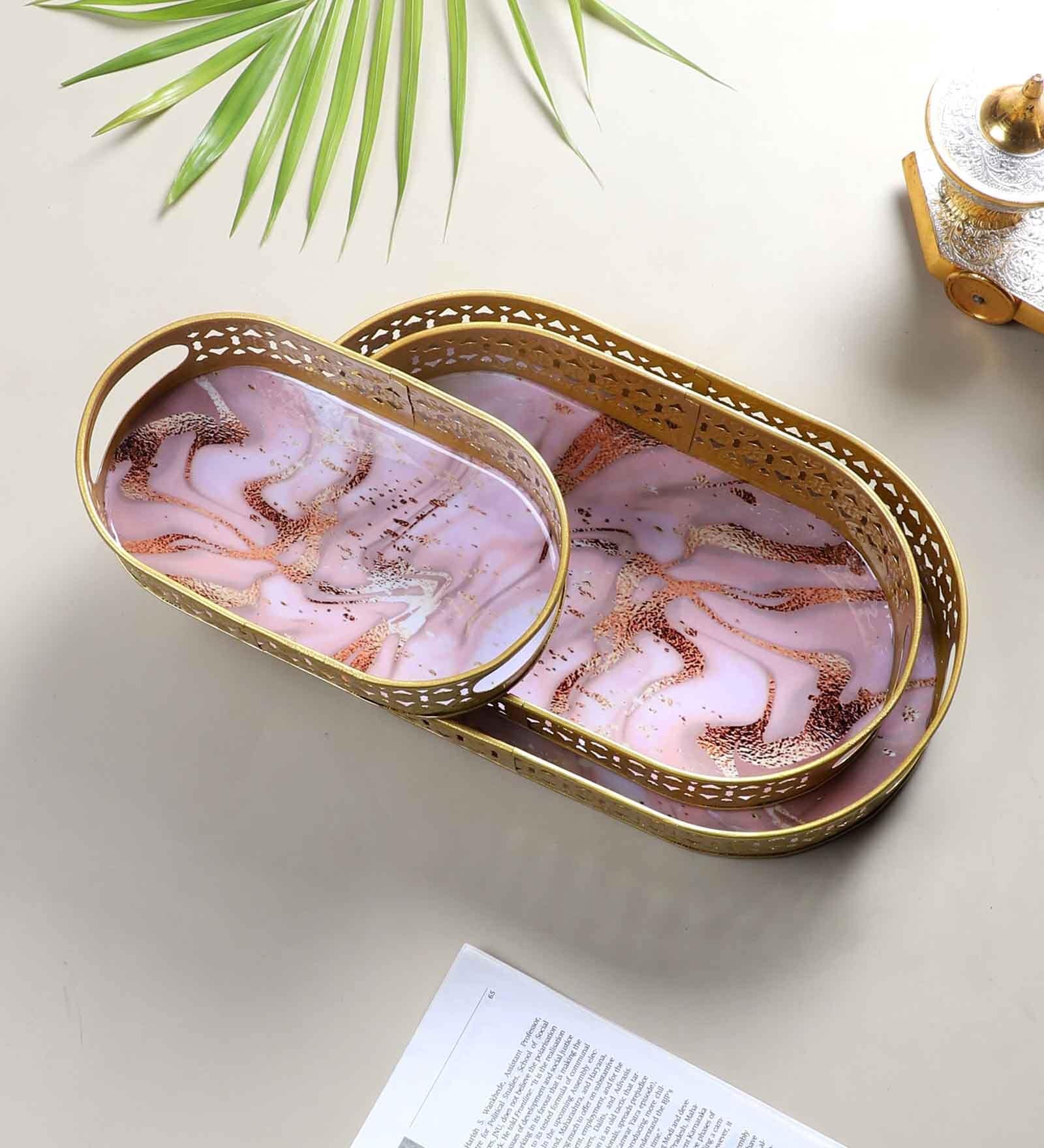 Oval Pink & Gold Wavy Design Meena Tray Set of 3