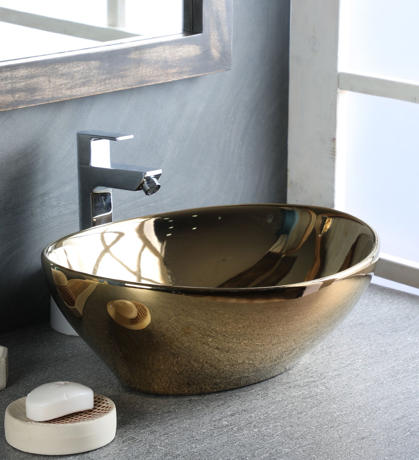 Buy Oval Shape Ceramic Gold Counter Top Wash Basin(L 16, W 13, H 5 Inches) by Joyo Cera