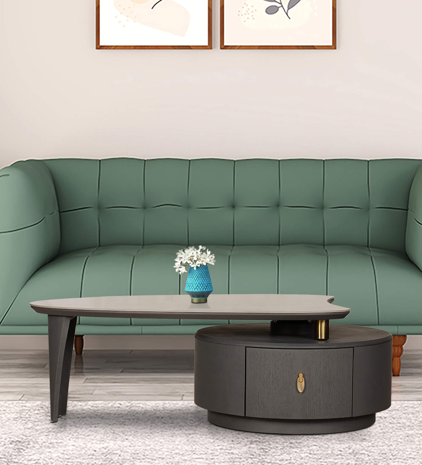 Ovic Rotating Marble Top Coffee Table In Grey Colour with Drawer
