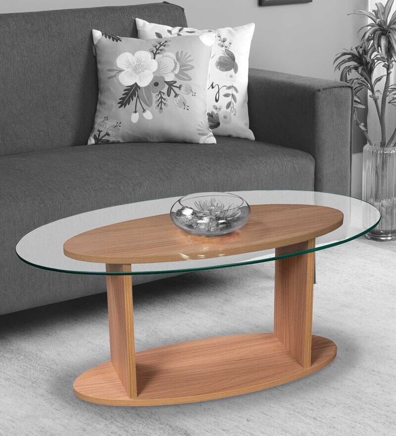 Buy Oval Shaped Glass Top Coffee Table in Sahara Walnut Finish by Addy