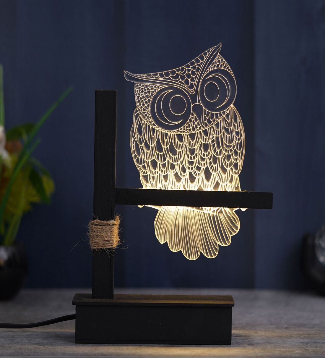 Buy Owl Bird On Tree Branch Design Acrylic Wooden Base LED Table