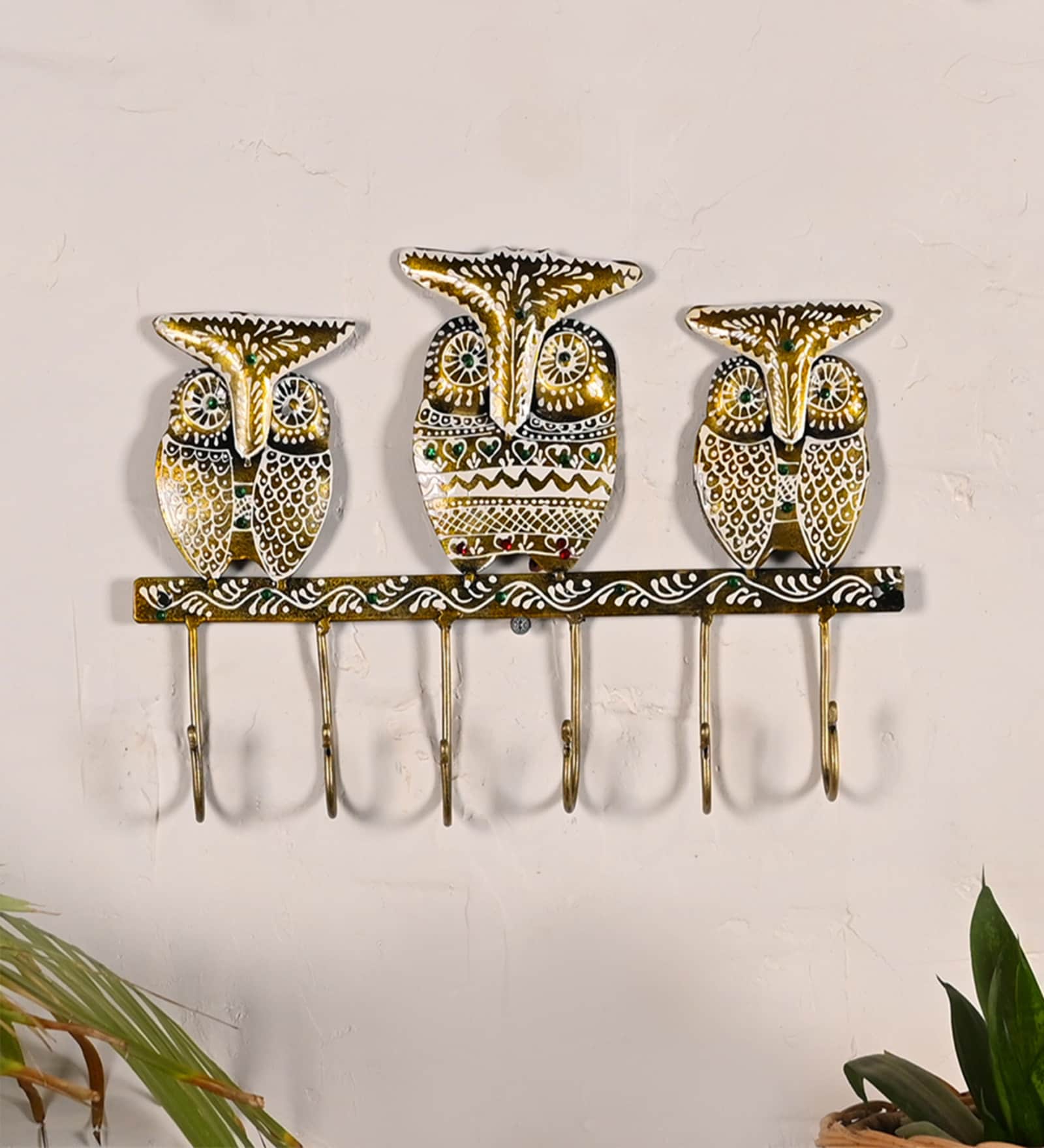 Golden Metal Handpainted Owl Key Holder