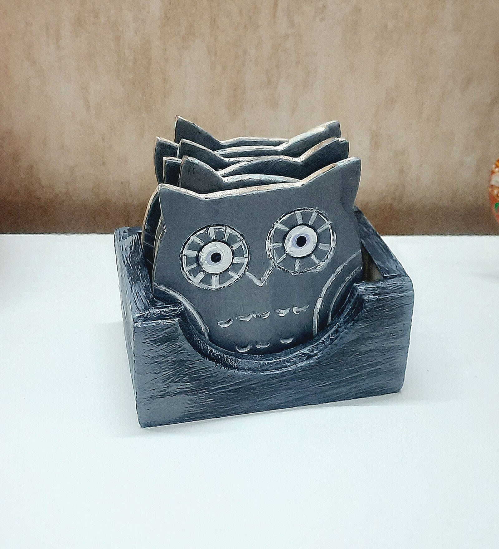 Owl shape Grey  Handpainted  Wood  7 Pcs Coasters with Stand