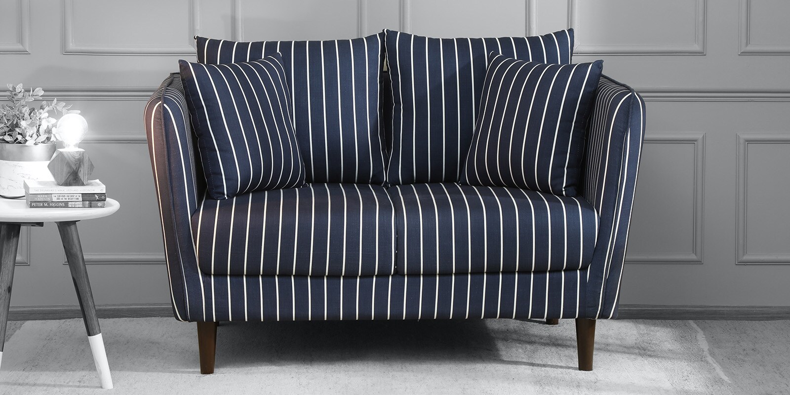 Owen 2 Seater Velvet Sofa in Indigo Blue and White Stripes Colour Owen 2 Seater Velvet Sofa in Indigo Blue and White Stripes Colour