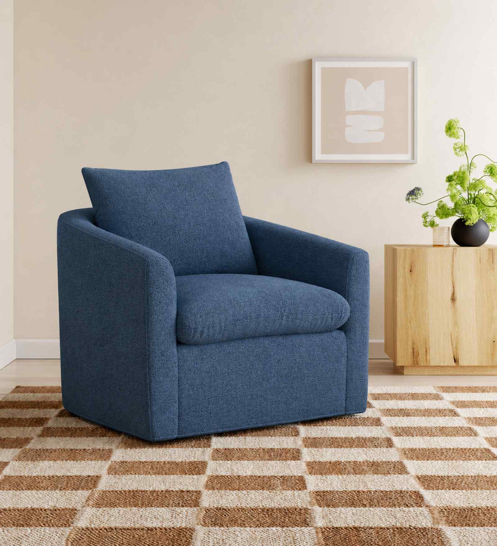 Oxford Boucle Fabric Lounge Chair In Blue Colour