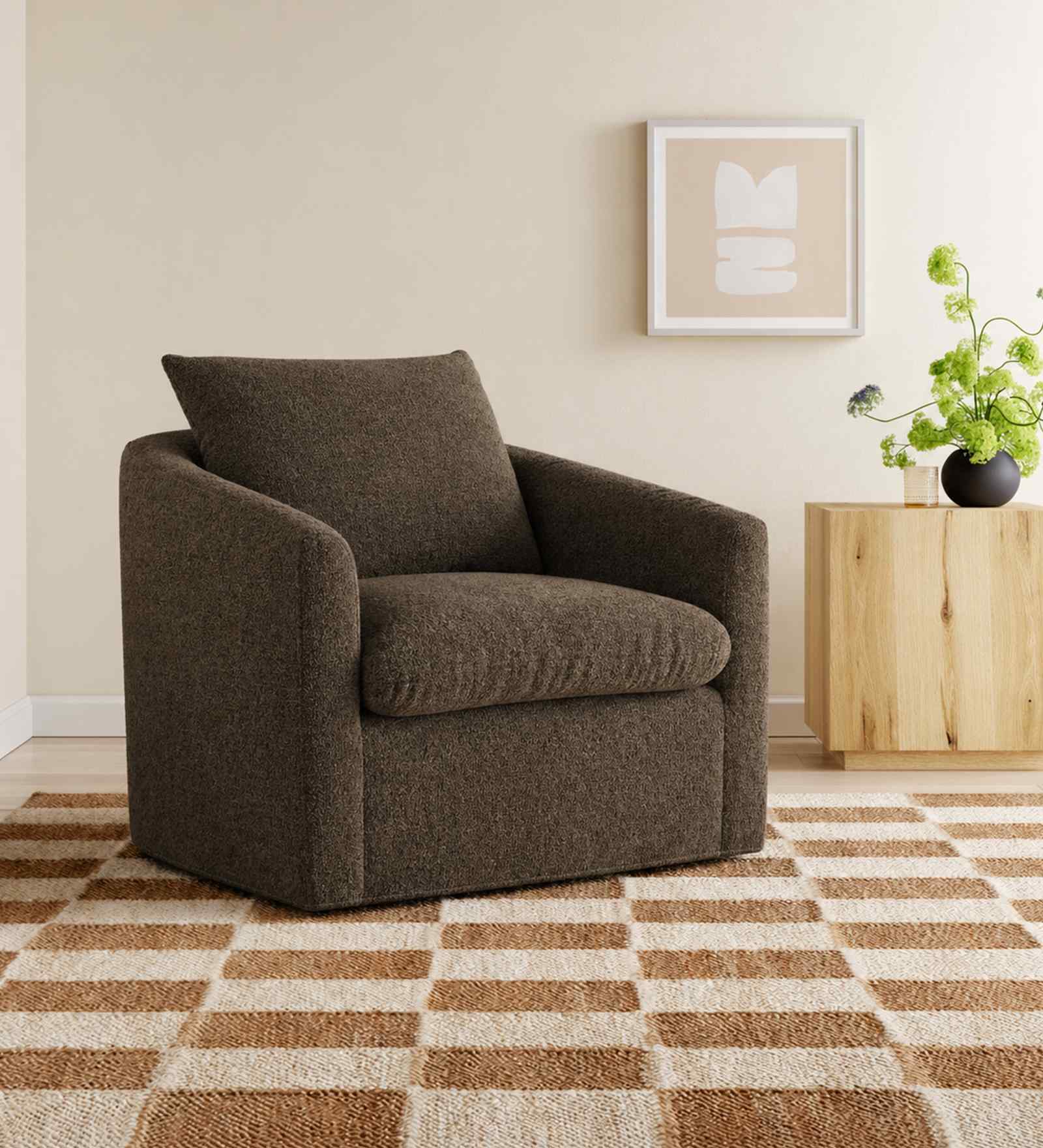 Oxford Boucle Fabric Lounge Chair In Brown Colour
