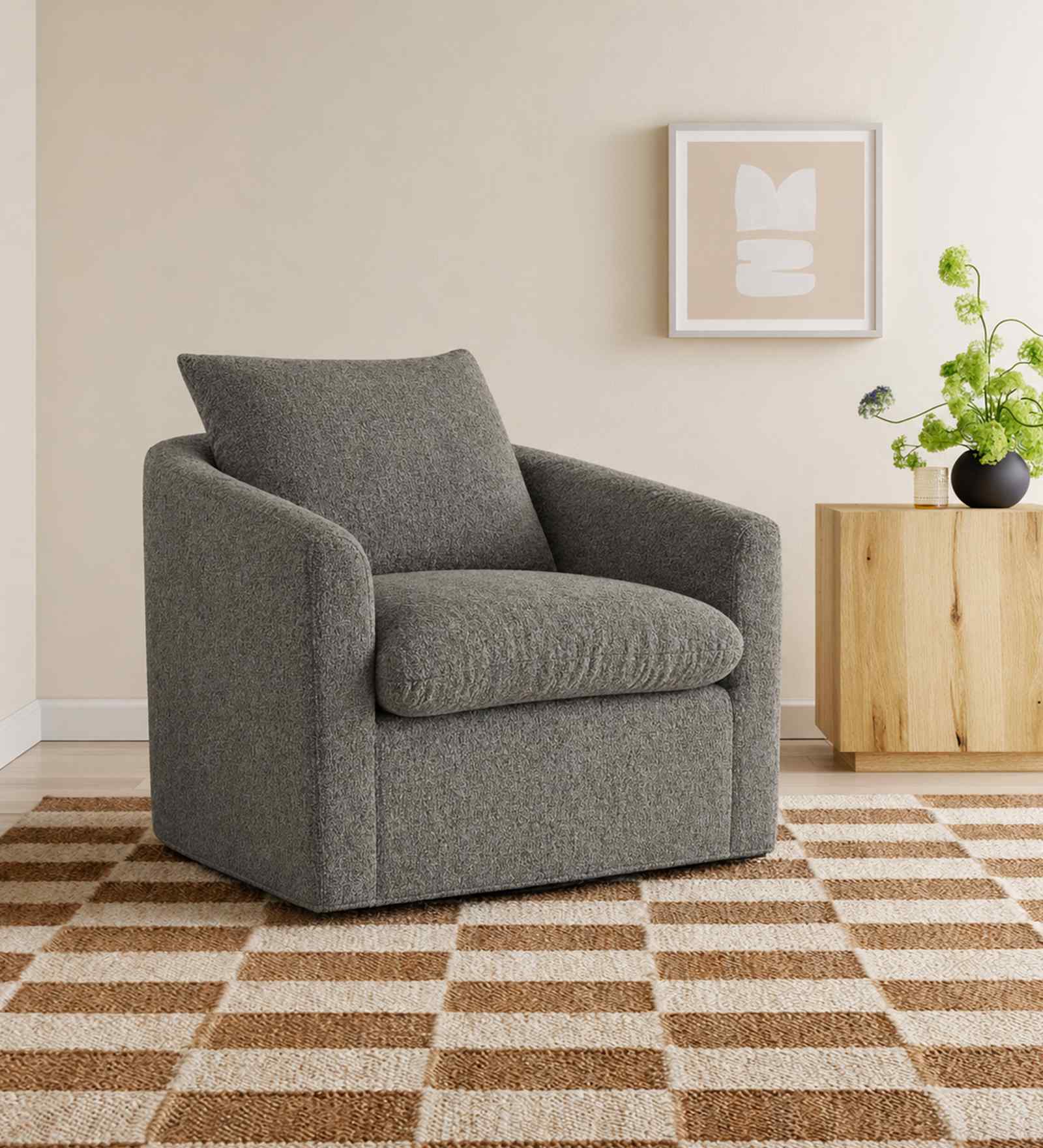 Oxford Boucle Fabric Lounge Chair In Grey Colour