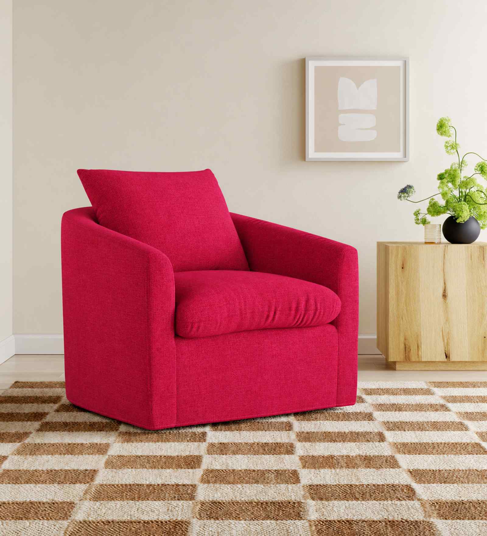 Oxford Boucle Fabric Lounge Chair In Red Colour