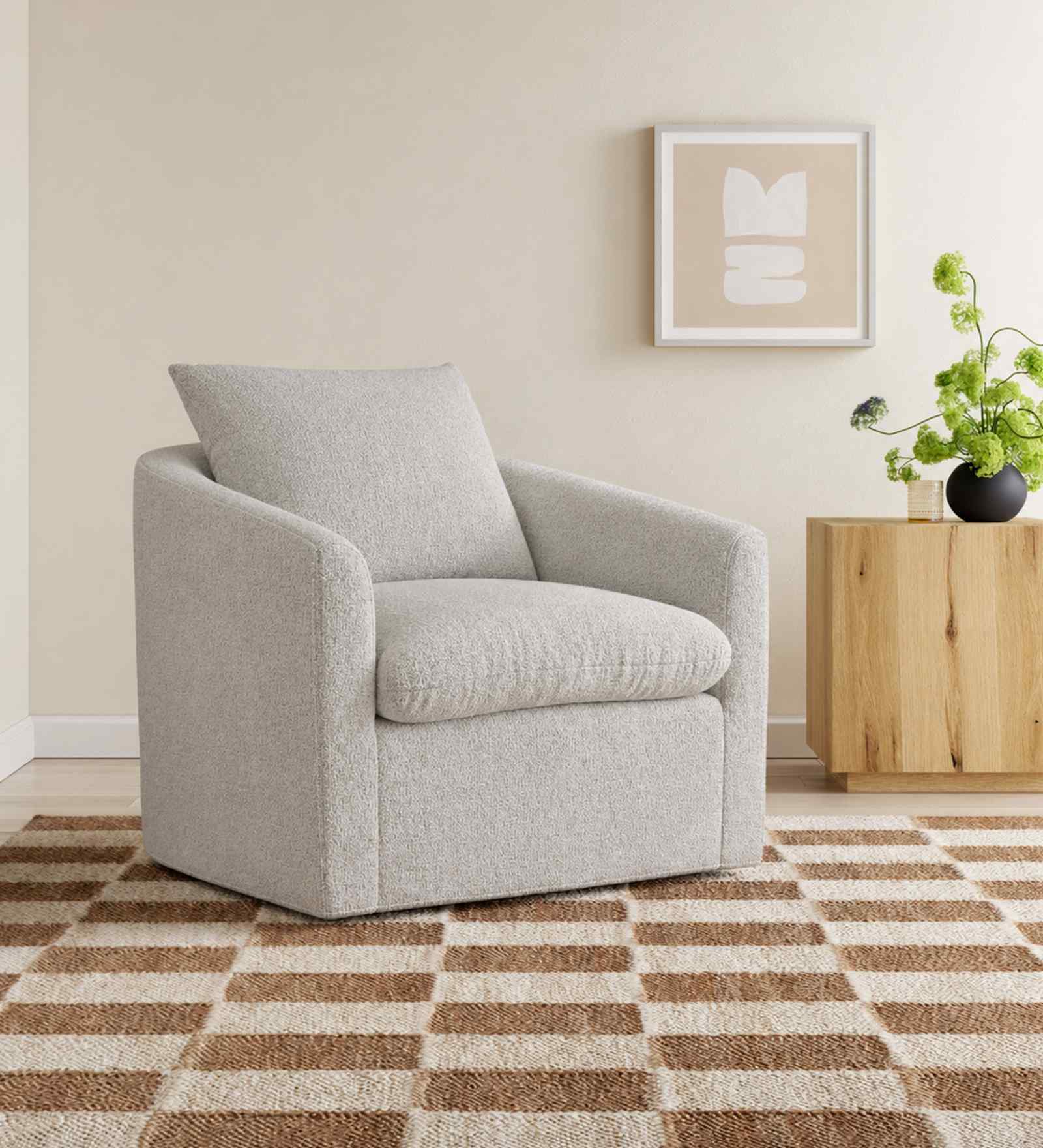 Oxford Boucle Fabric Lounge Chair In White Colour