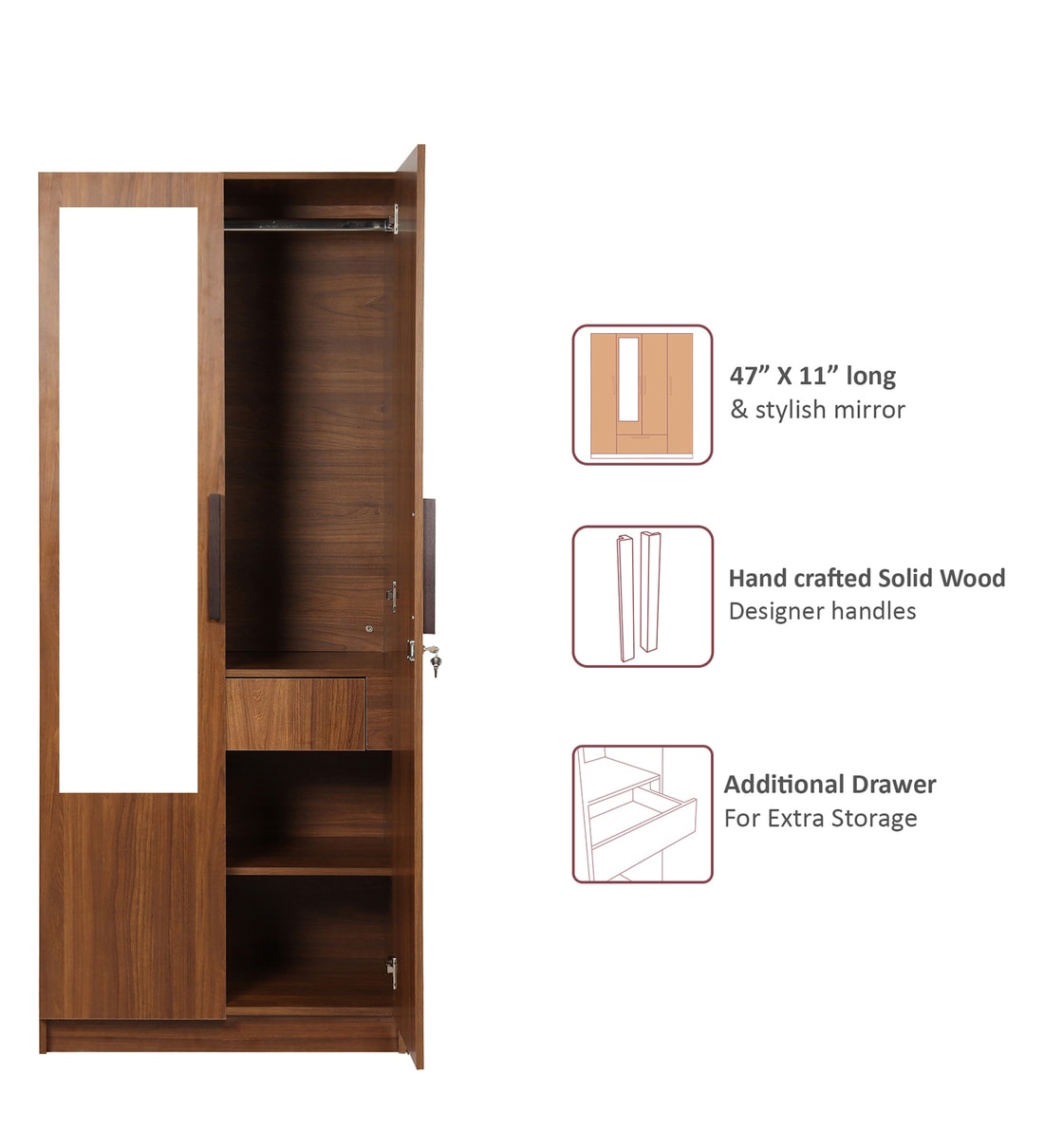 Buy Ozone 2 door Wardrobe With Mirror in Teak Finish by Trevi Furniture ...