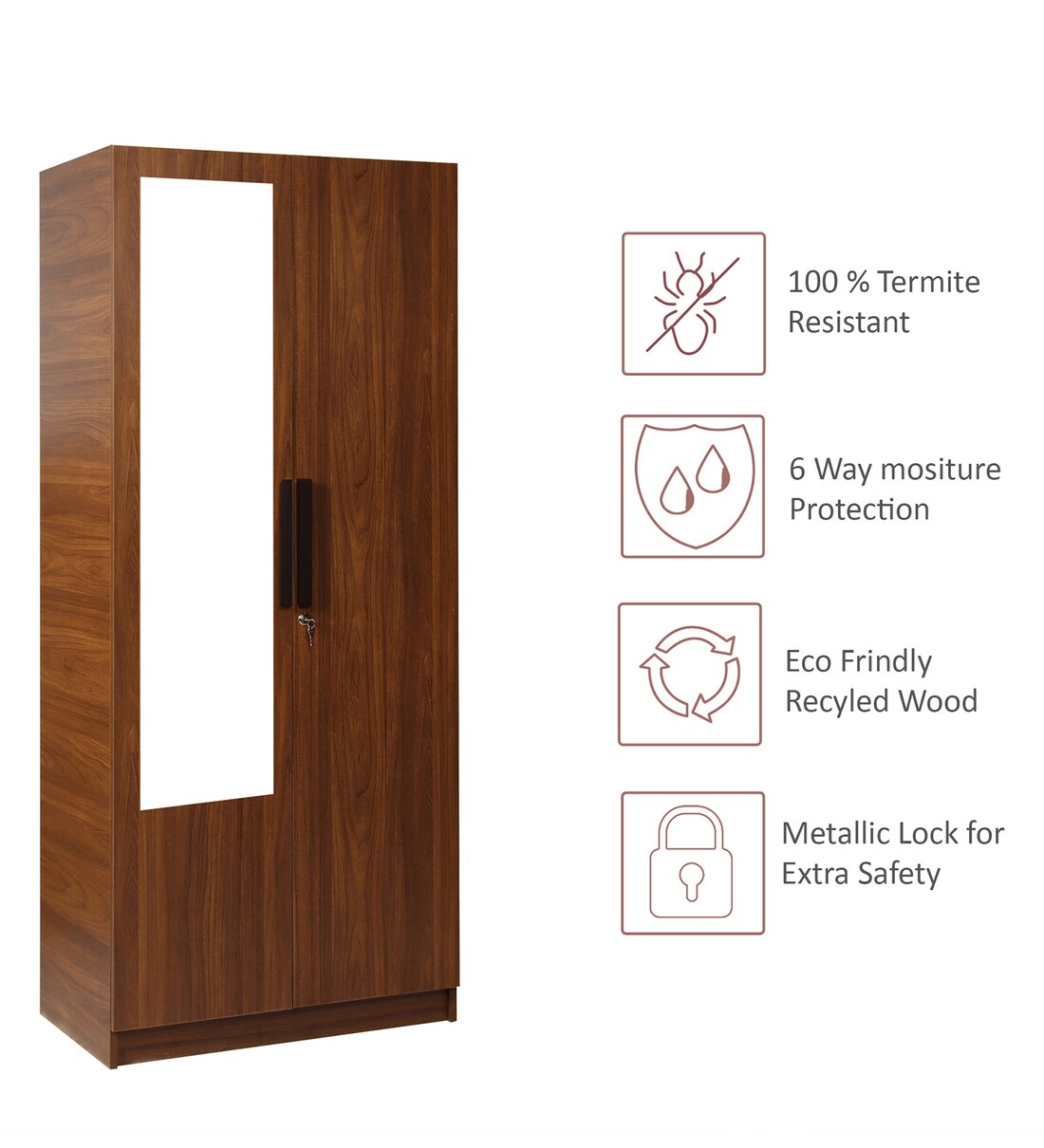 Buy Ozone 2 door Wardrobe With Mirror in Teak Finish by Trevi Furniture