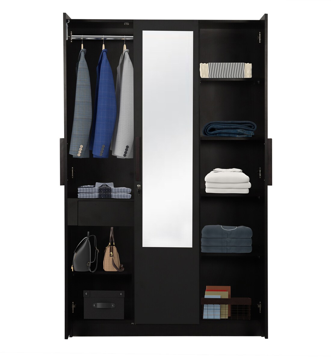 Buy Ozone 3 Door Wardrobe With drawer & With Mirror in Wenge Finish by Trevi Furniture Online