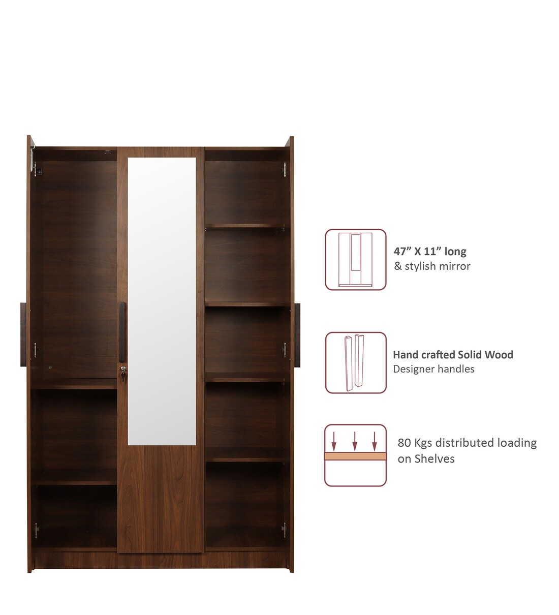 Buy Ozone 3 Door Wardrobe in Teak Finish with Mirror by Trevi Furniture ...