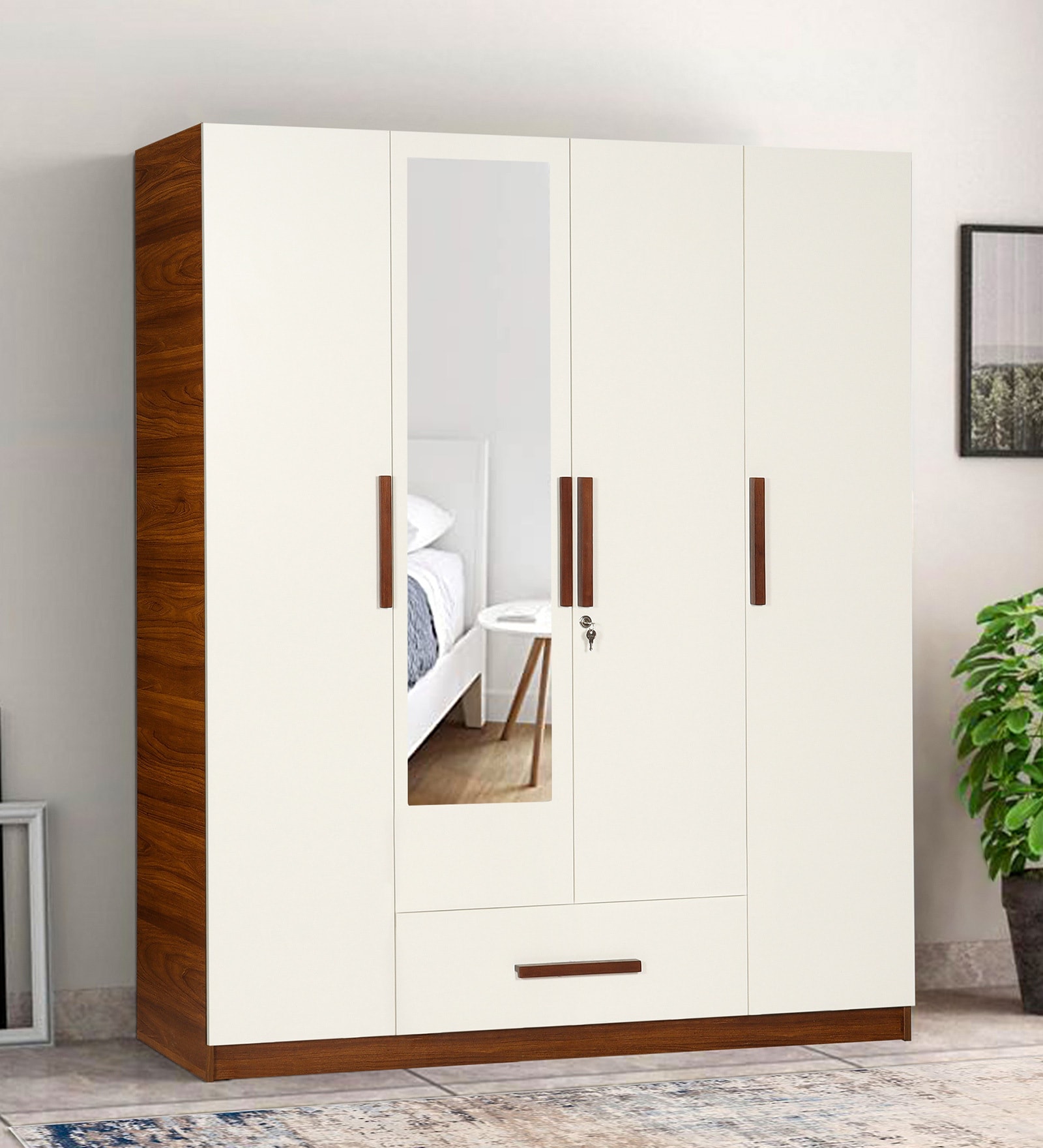 Ozone 4 Door Wardrobe in White Finish with Mirror