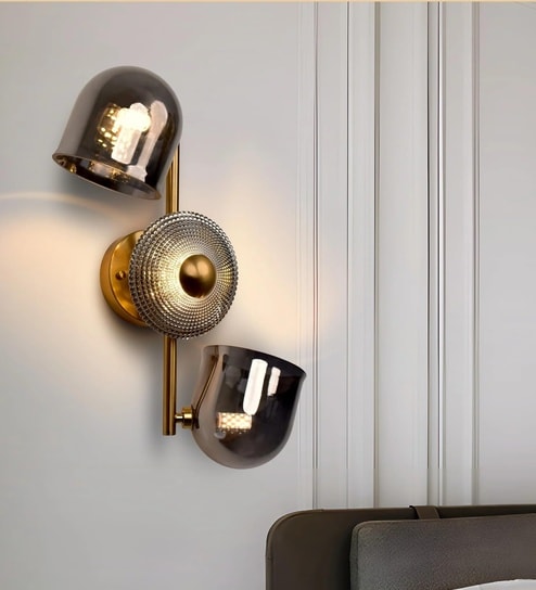 Ozark Smoky Wall Light | Dual Glass Shade with Crystal Disc | 18W LED Warm Lighting | Gold Finish Decorative Lamp for Bedroom, Living Room & Hallway