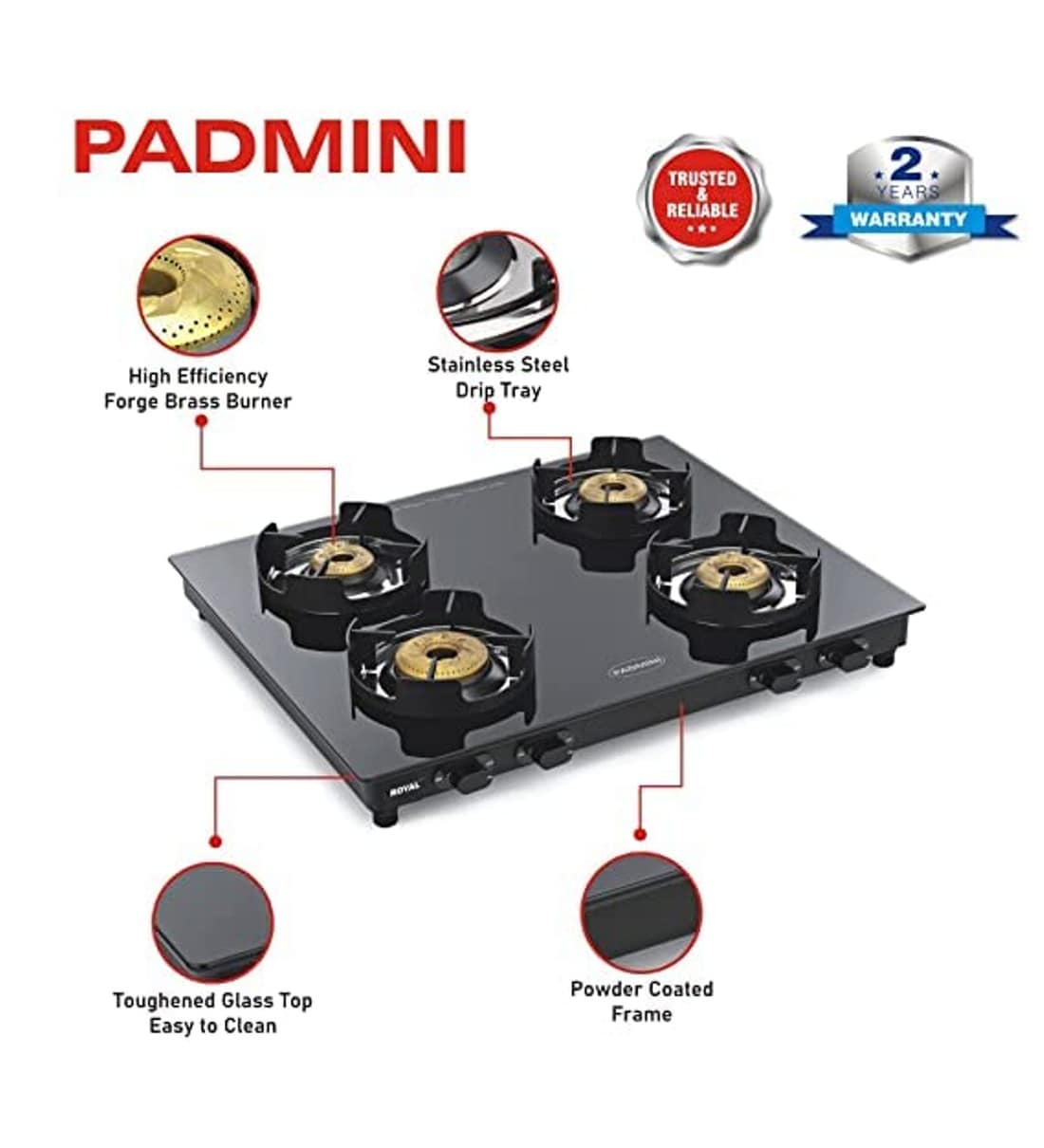 Buy Padmini CS 4GT Royal Auto Ignition 4 Burner Gas Stove (1 HF, 2 Big, 1 Small Burner) Online