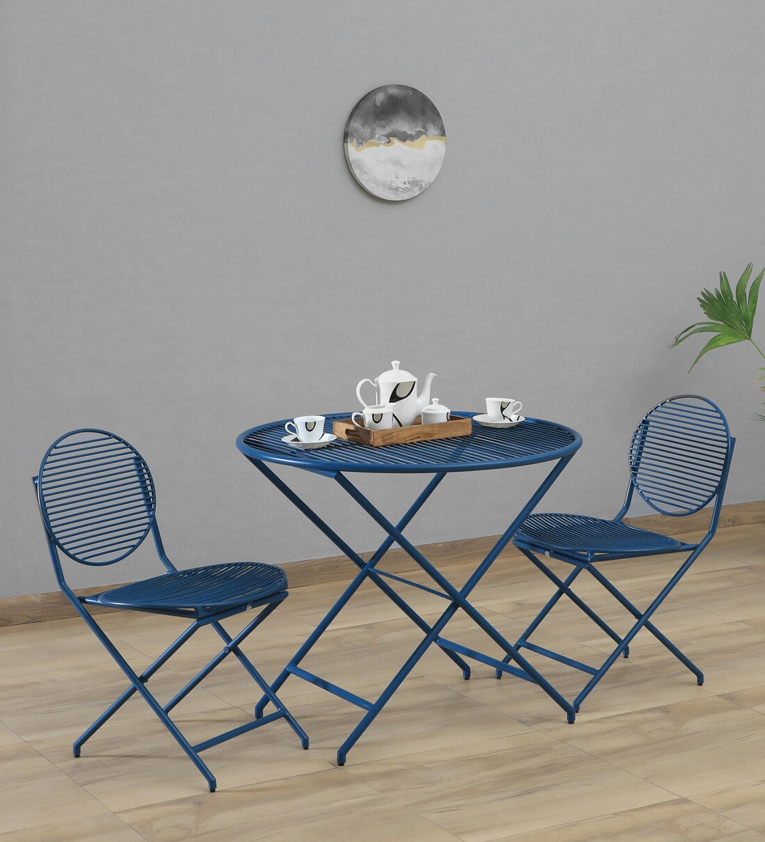 Buy Patio Metal Folding Table and Chair (Set of 2) in Blue Colour at