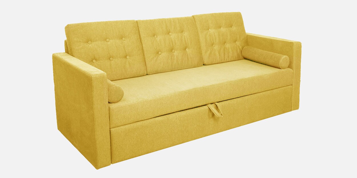 Buy Parlier Velvet Fabric Pull Out Sofa Cum Bed In Camel Yellow Colour by Woodsworth Online