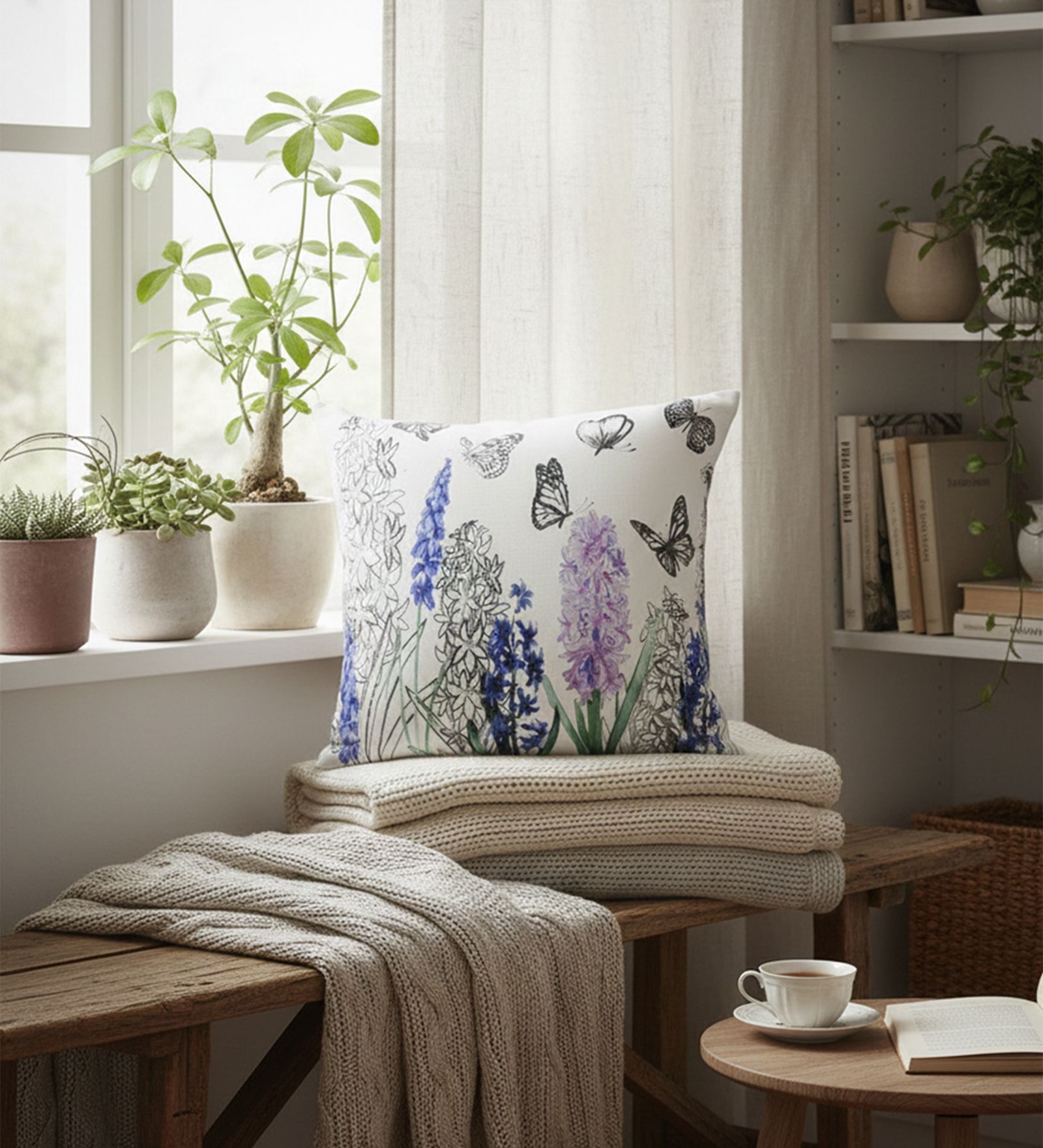 Pack Of 1 Hand-Sketched Floral & Butterfly Throw Cushion Covers (18x18)
