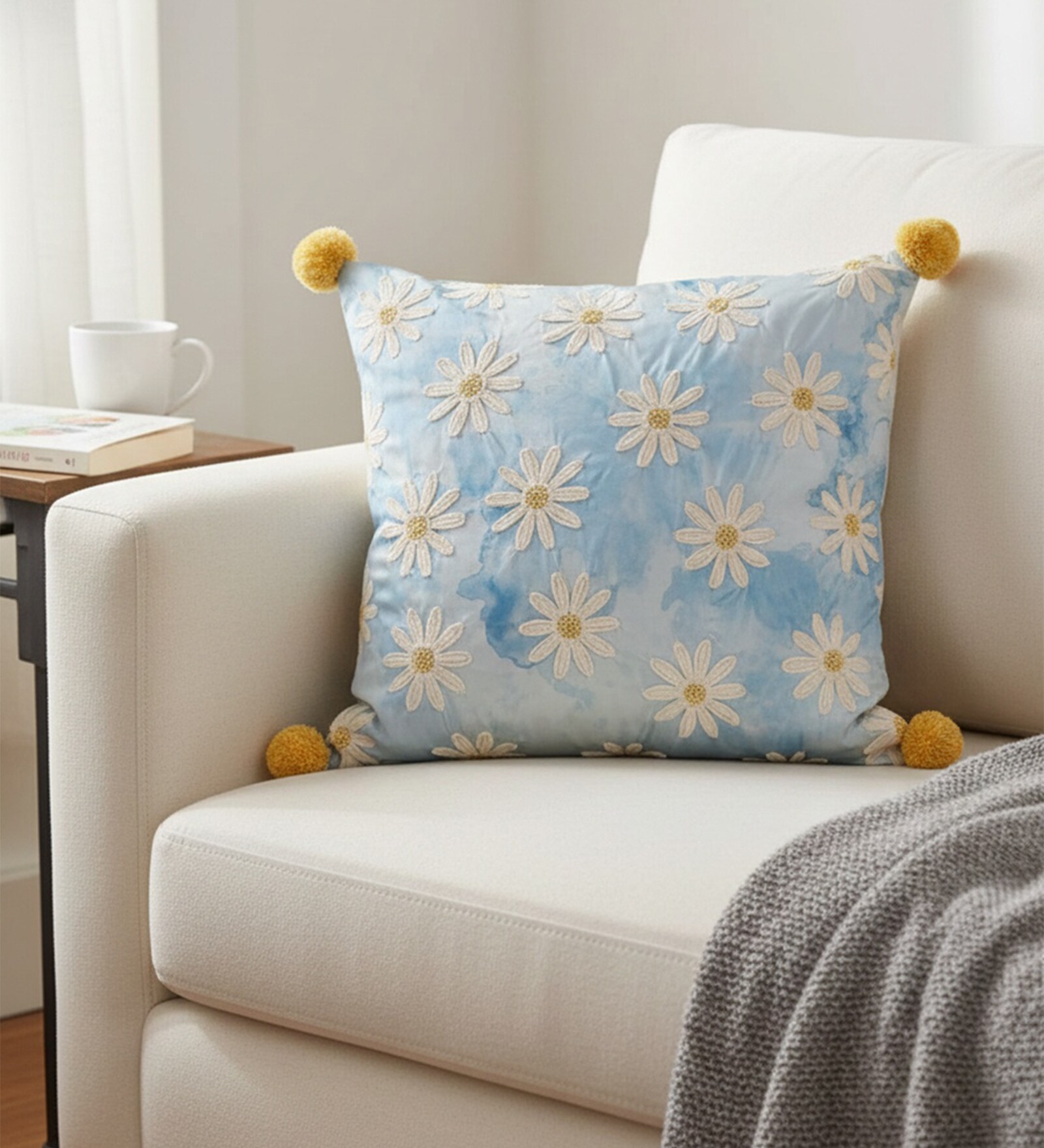 Pack Of 1 Whimsical Daisy Embroidered Throw Cushion Covers (18x18)