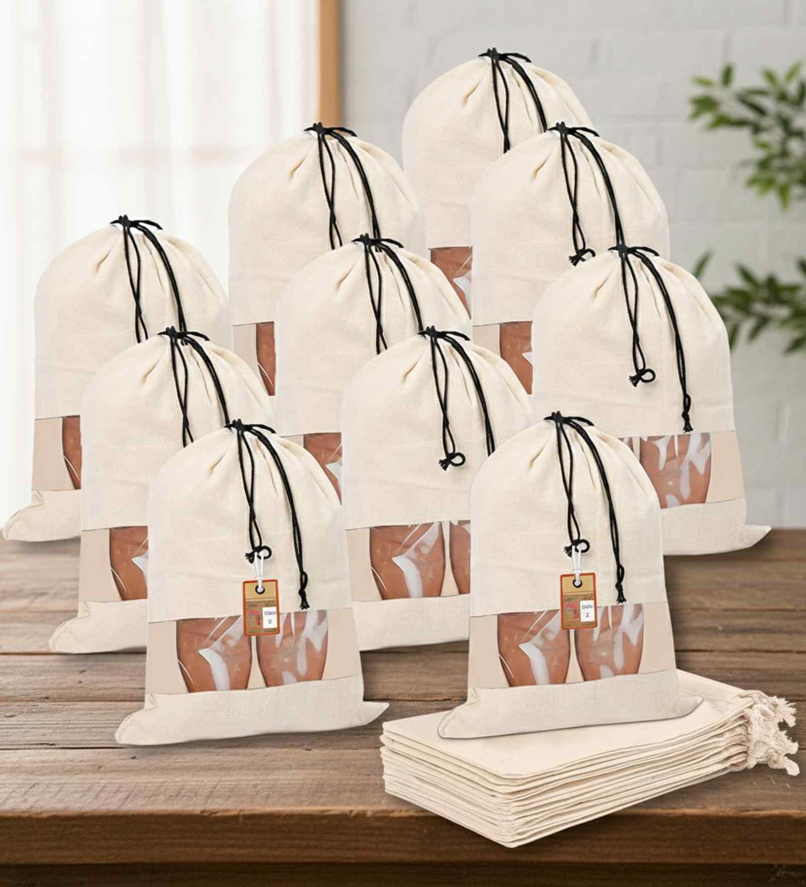 Pack Of 10 White Cotton Shoe Organizer Bag Covers