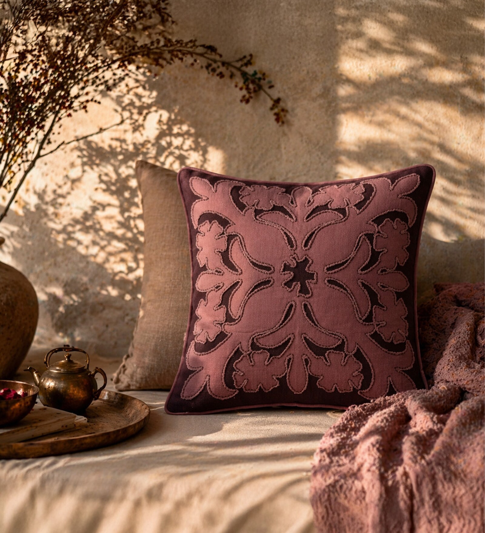 Pack of 2 Aubergeine / Powder Pink Abstract  Cotton Hand Crafted Cushion Covers