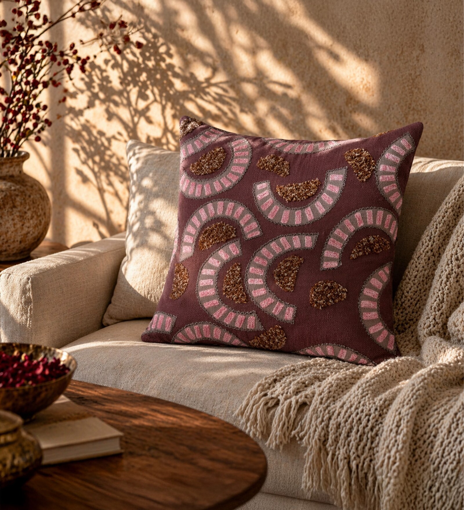 Pack of 2 Aubergine Abstract  Cotton Hand Crafted Cushion Covers