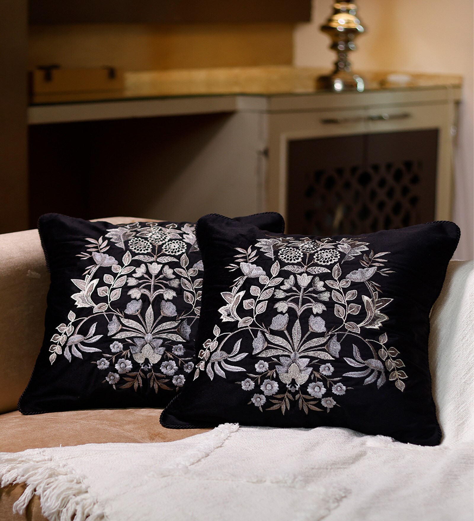 Pack of 2 Black Abstract Velvet Hand Crafted Cushion Covers