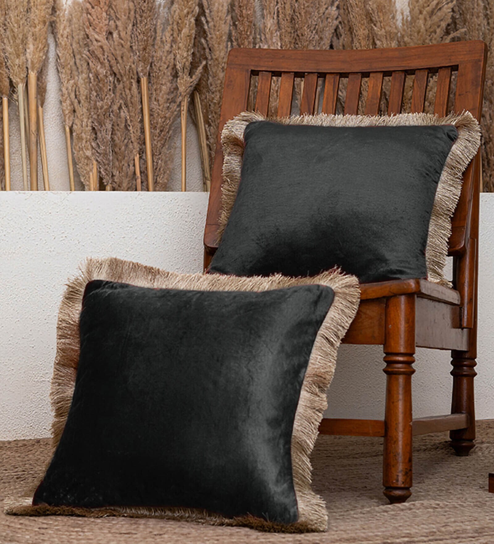 Pack of 2 Black Velvet Fringed Velvet Cushion Cover 16x16 inches