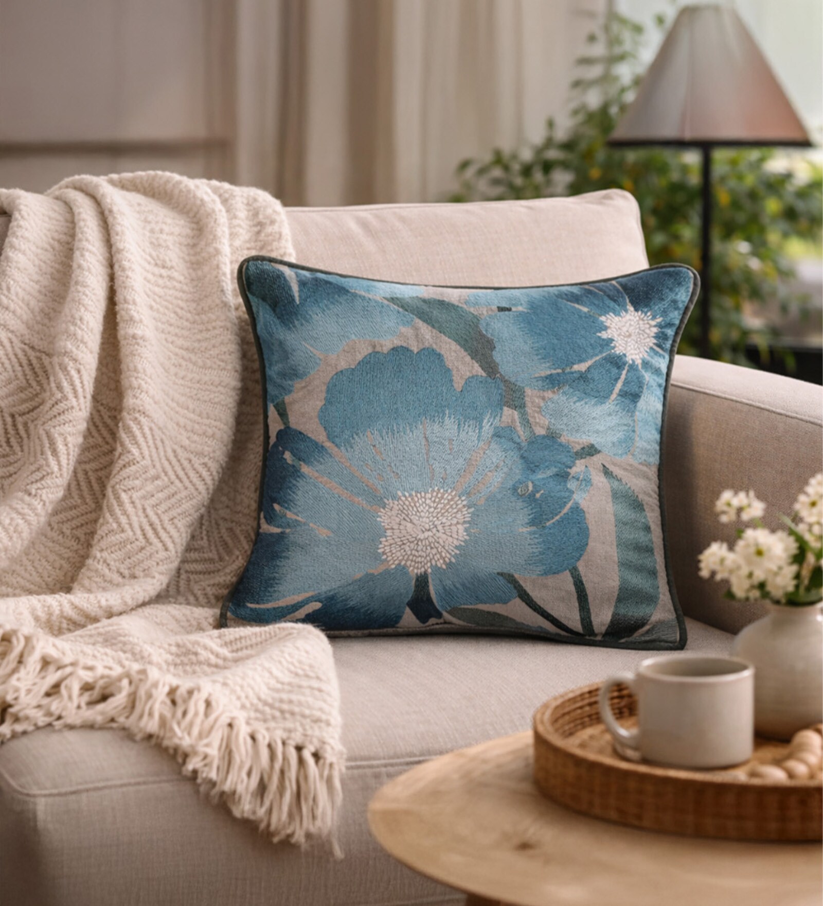 Pack of 2 Blue Floral  Cotton Hand Crafted Cushion Covers