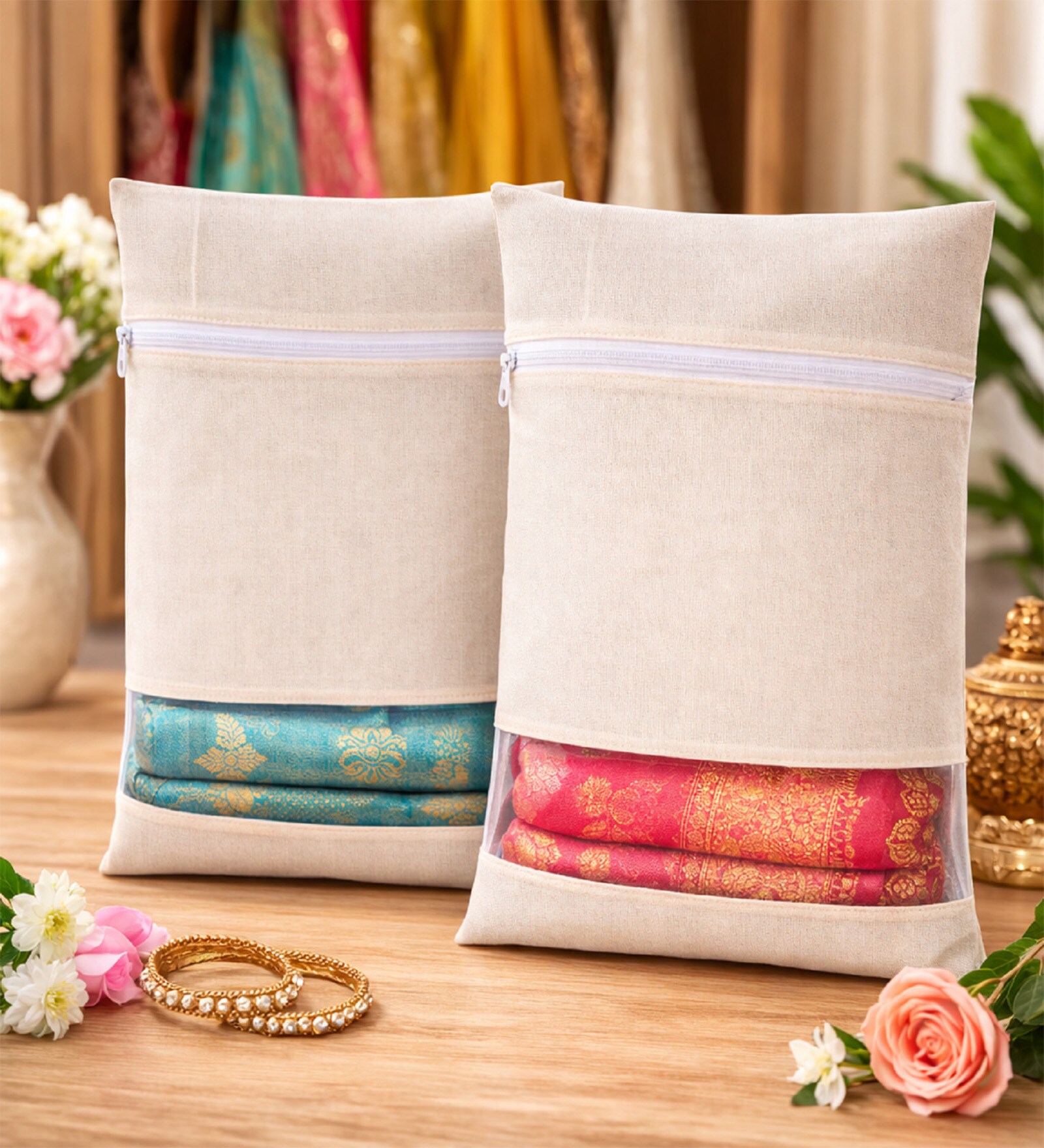 Pack of 2 Cotton 16 X 14 Inches Saree Bags/Covers With Zip Closure