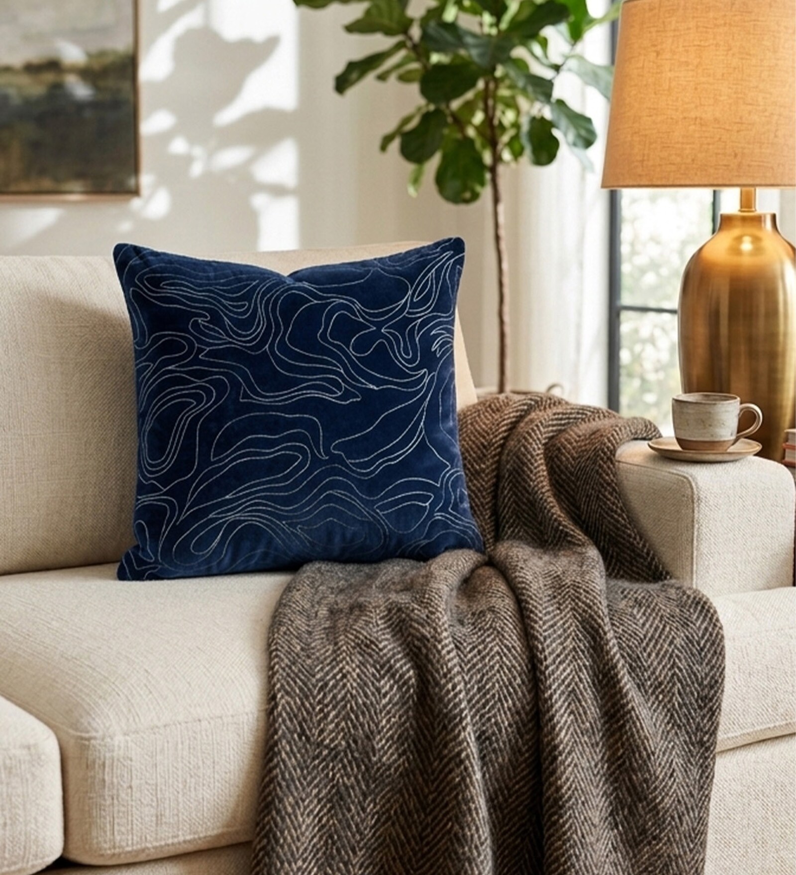 Pack of 2 Deep Blue Abstract  Cotton Hand Crafted Cushion Covers