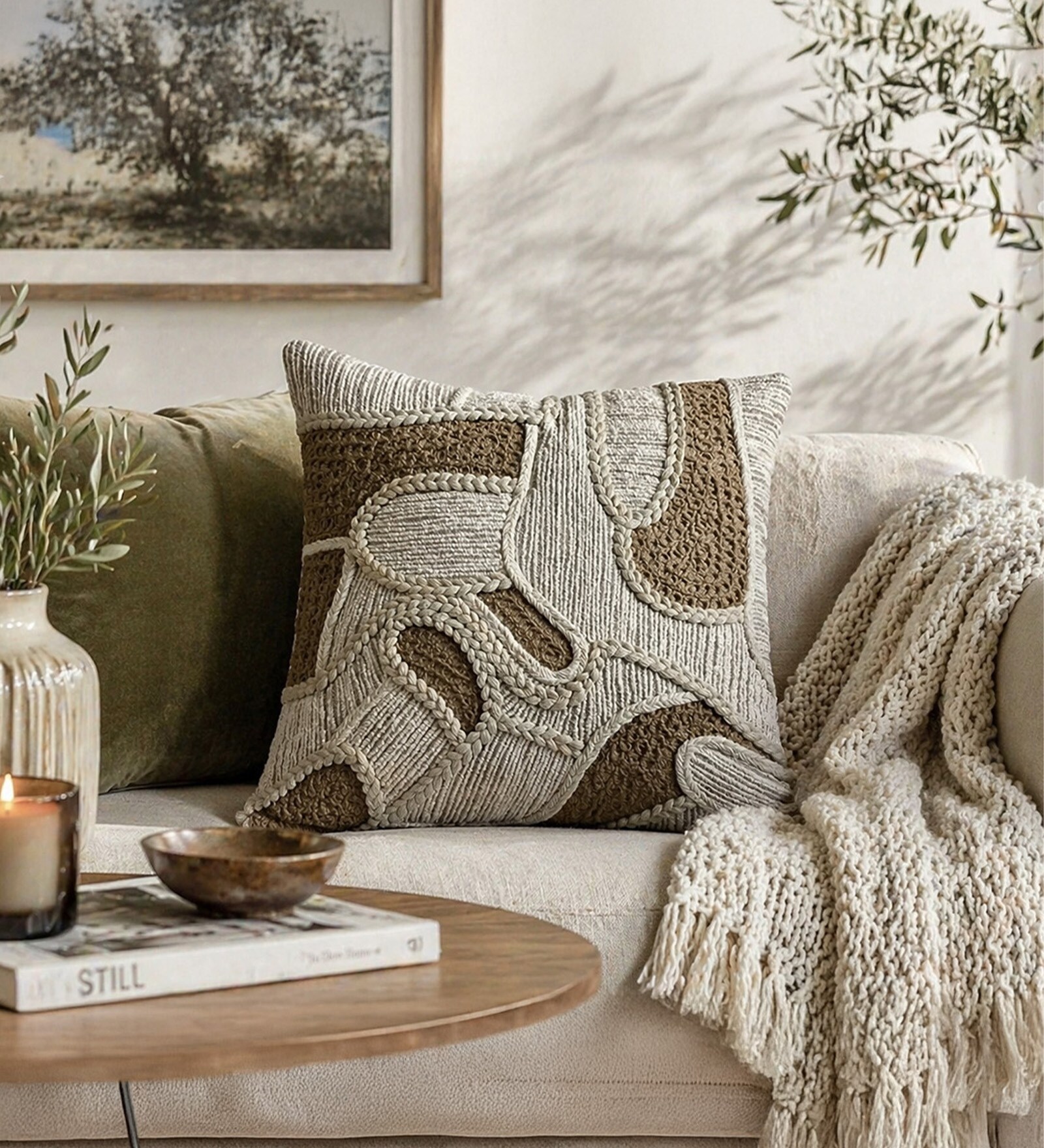 Pack of 2 Earthy Taupe Abstract  Cotton Hand Crafted Cushion Covers