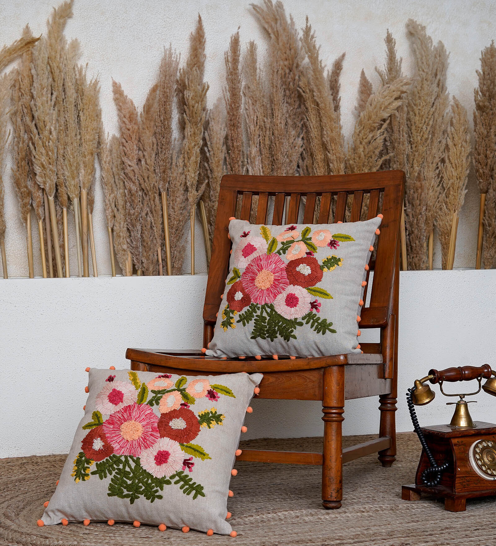 Pack of 2 Floral Cotton Hand Embroidered Cushion Cover 16x16 inches
