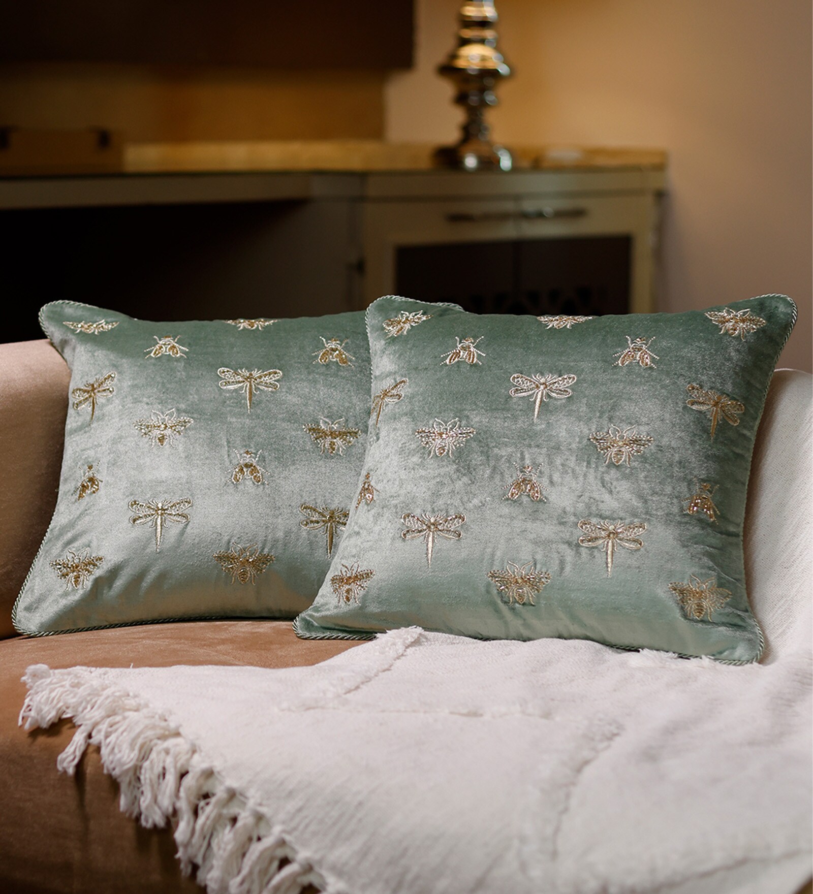 Pack of 2 Green Abstract Velvet Hand Crafted Cushion Covers
