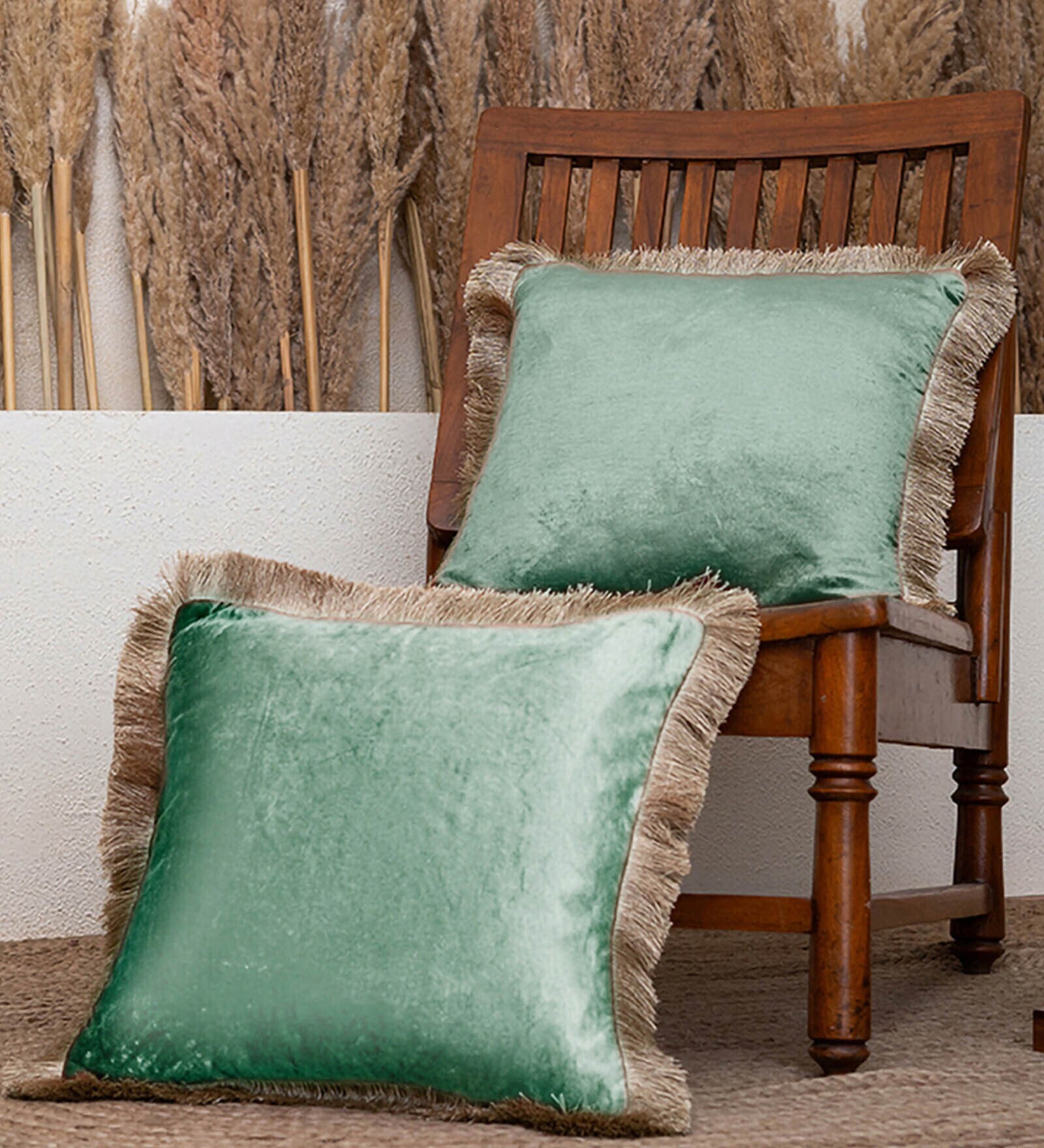 Pack of 2 Green Velvet Fringed Velvet Cushion Cover 16x16 inches