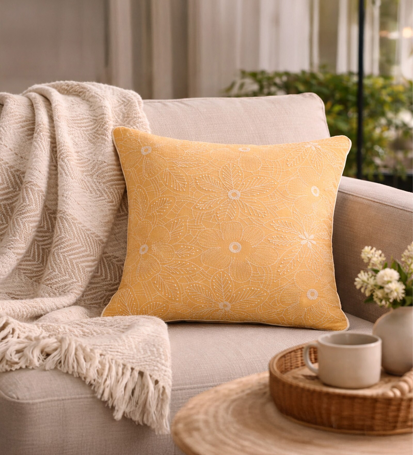 Pack of 2 Lemon Yello Floral  Cotton Hand Crafted Cushion Covers