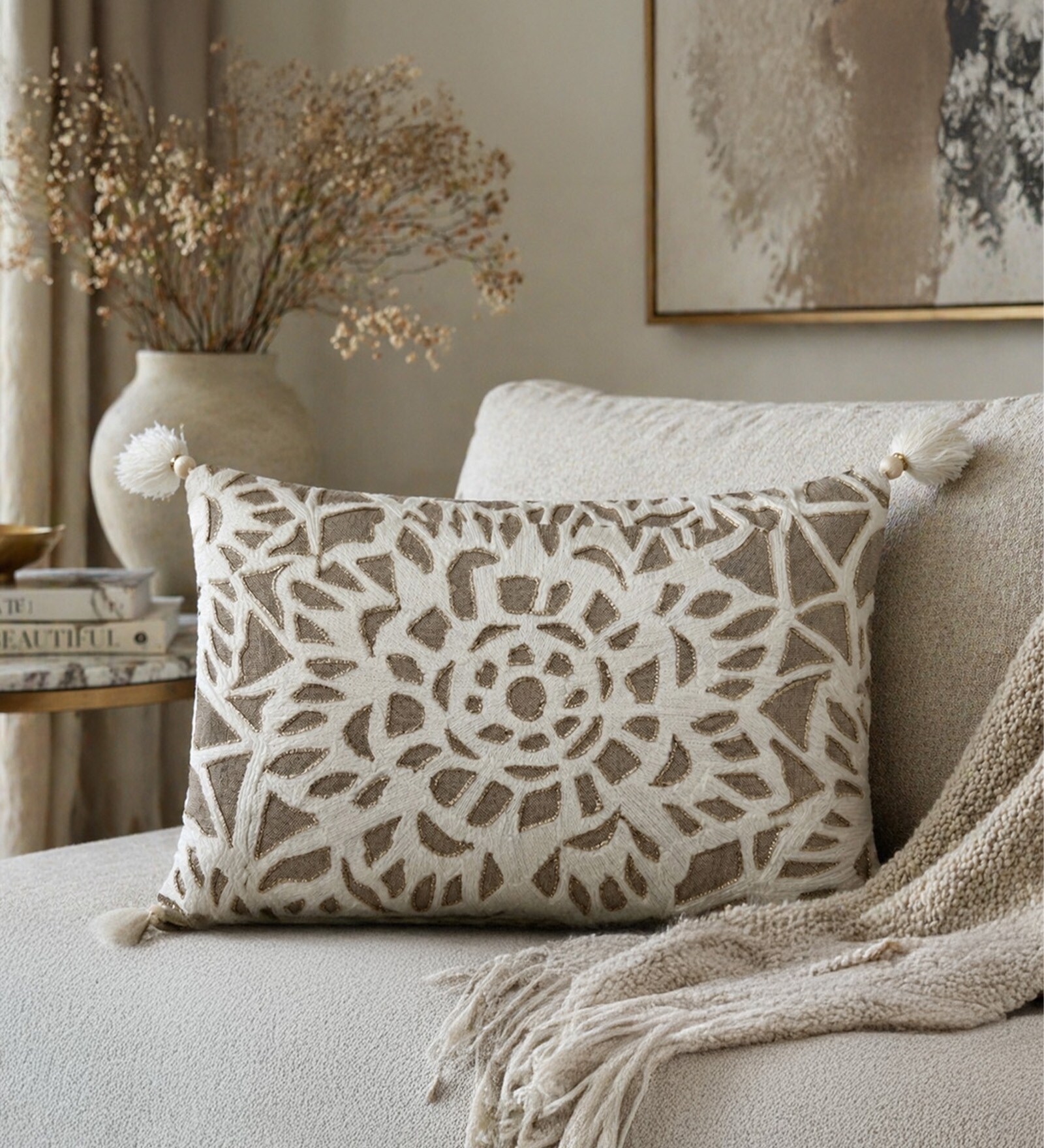 Pack of 2 Linen Beige Abstract  Cotton Hand Crafted Cushion Covers