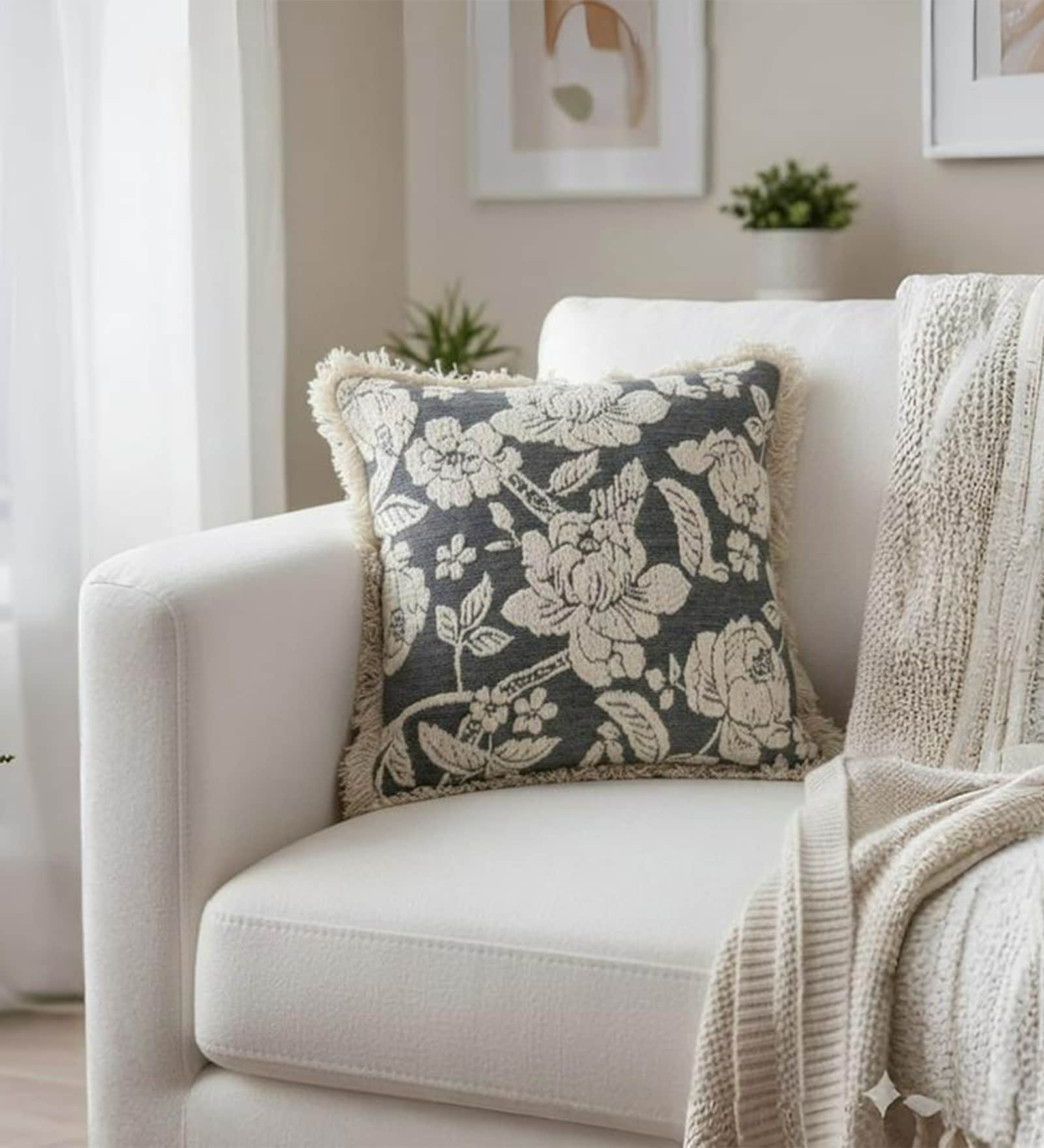 Steel Blue Cotton Floral Hand Crafted Cushion Cover (Pack of 2)
