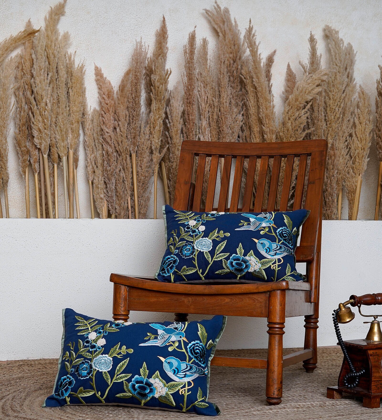 Pack of 2 Navy Blue  Artistic Cotton Hand Embroidered Cushion Cover 12x18 inches
