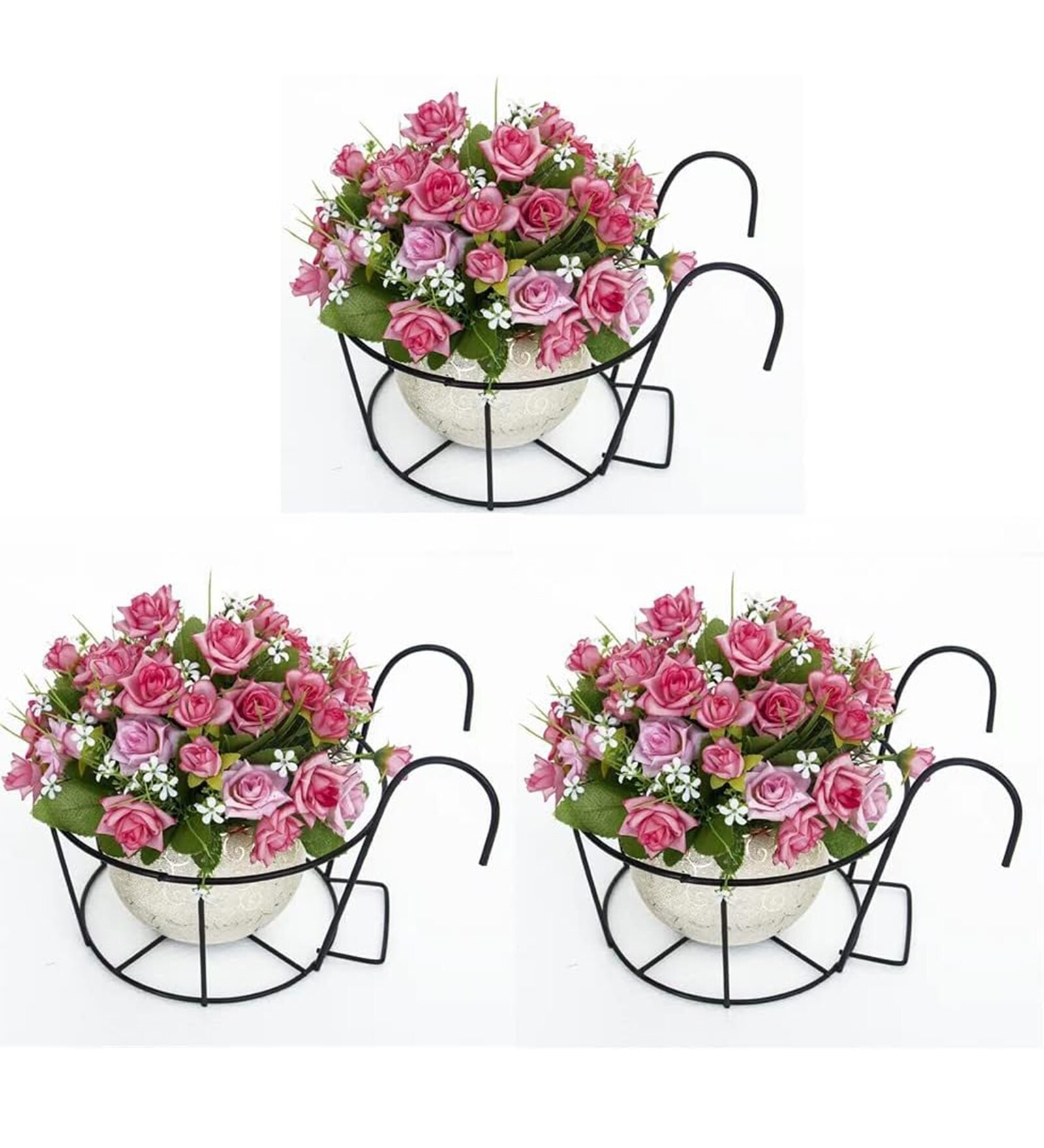 Pack of 2 Railing Mounted Hanging Flower Pot Holder Metal Stand (Black)