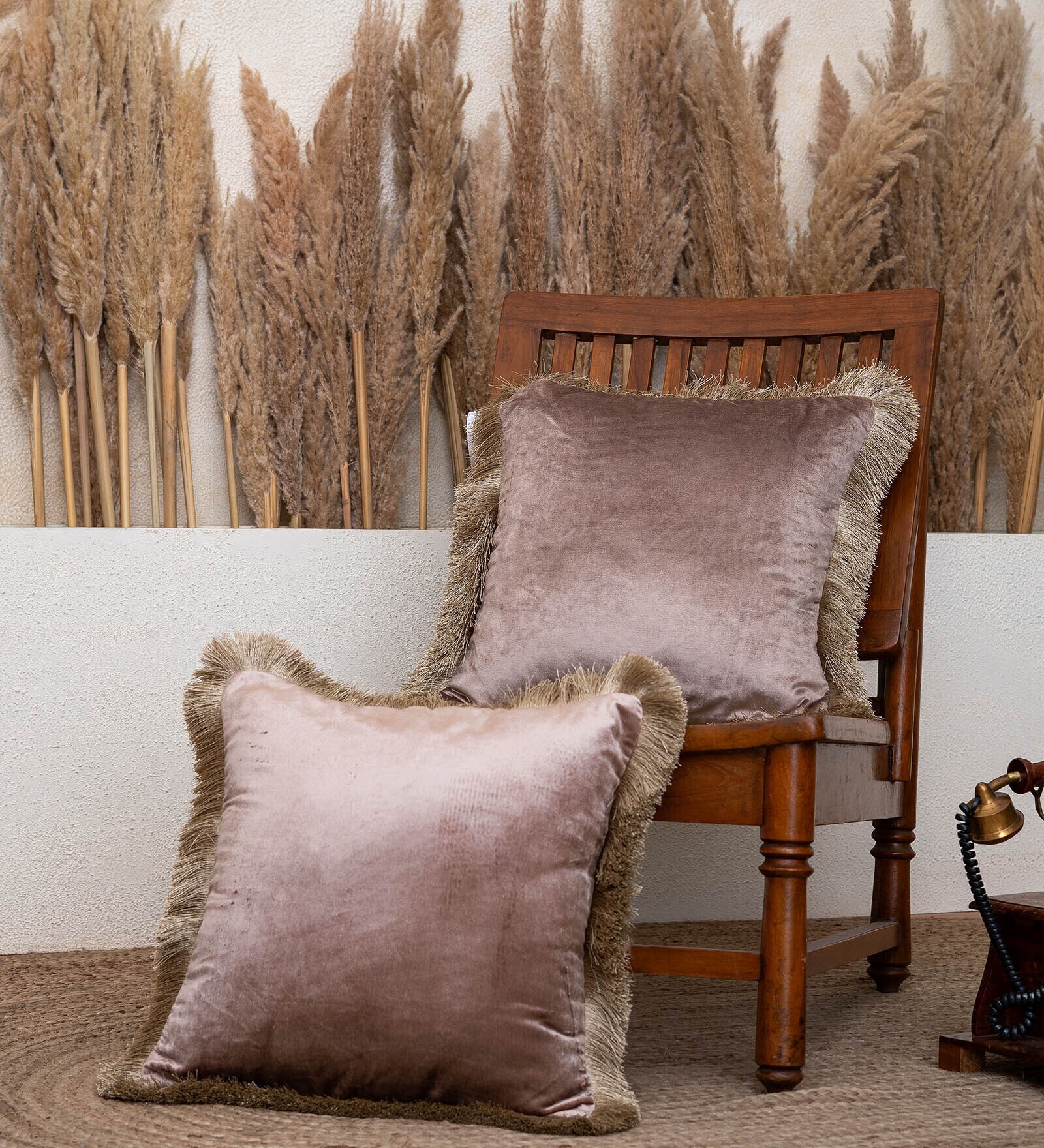 Pack of 2 Taupe Velvet Fringed Velvet Cushion Cover 16x16 inches