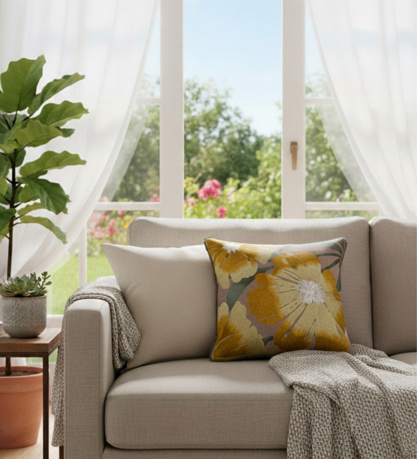 Pack of 2 Yellow Floral  Cotton Hand Crafted Cushion Covers