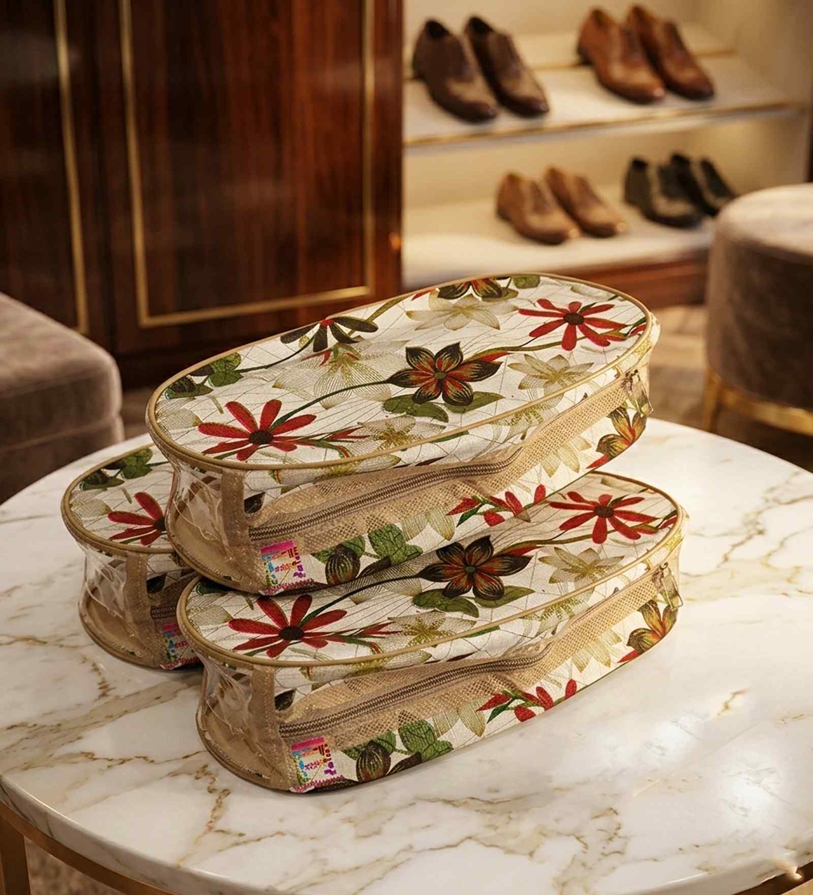 Pack Of 3 Floral Nylon Slipper Organizer Bag Covers