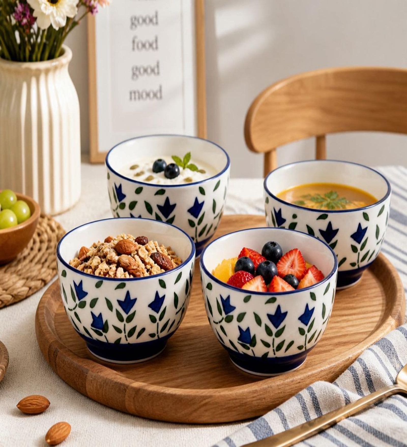Pack of 4 Blue & White Floral Print Ceramic Dinner Bowl 180ML