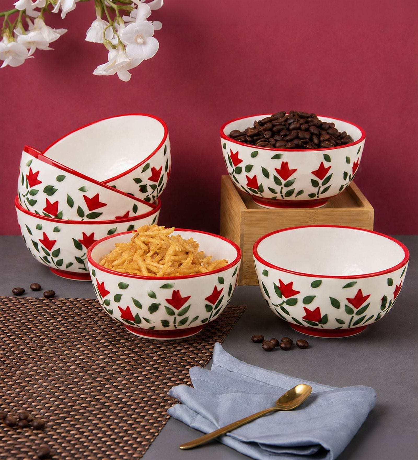 Pack of 6 Red & White Floral Print Ceramic Dinner Bowl 180ML