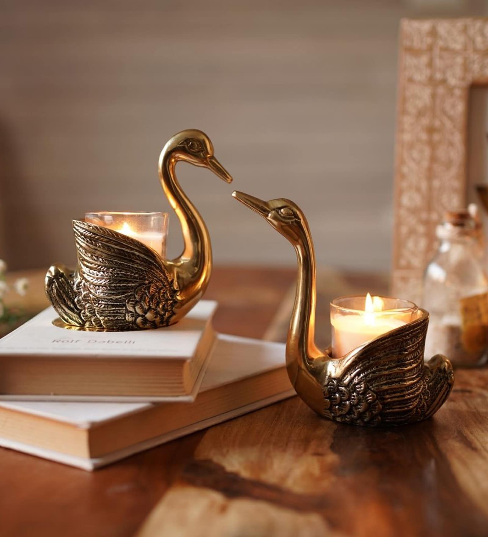 Pair of Swans Gold Aluminium Candle Holder With Votives