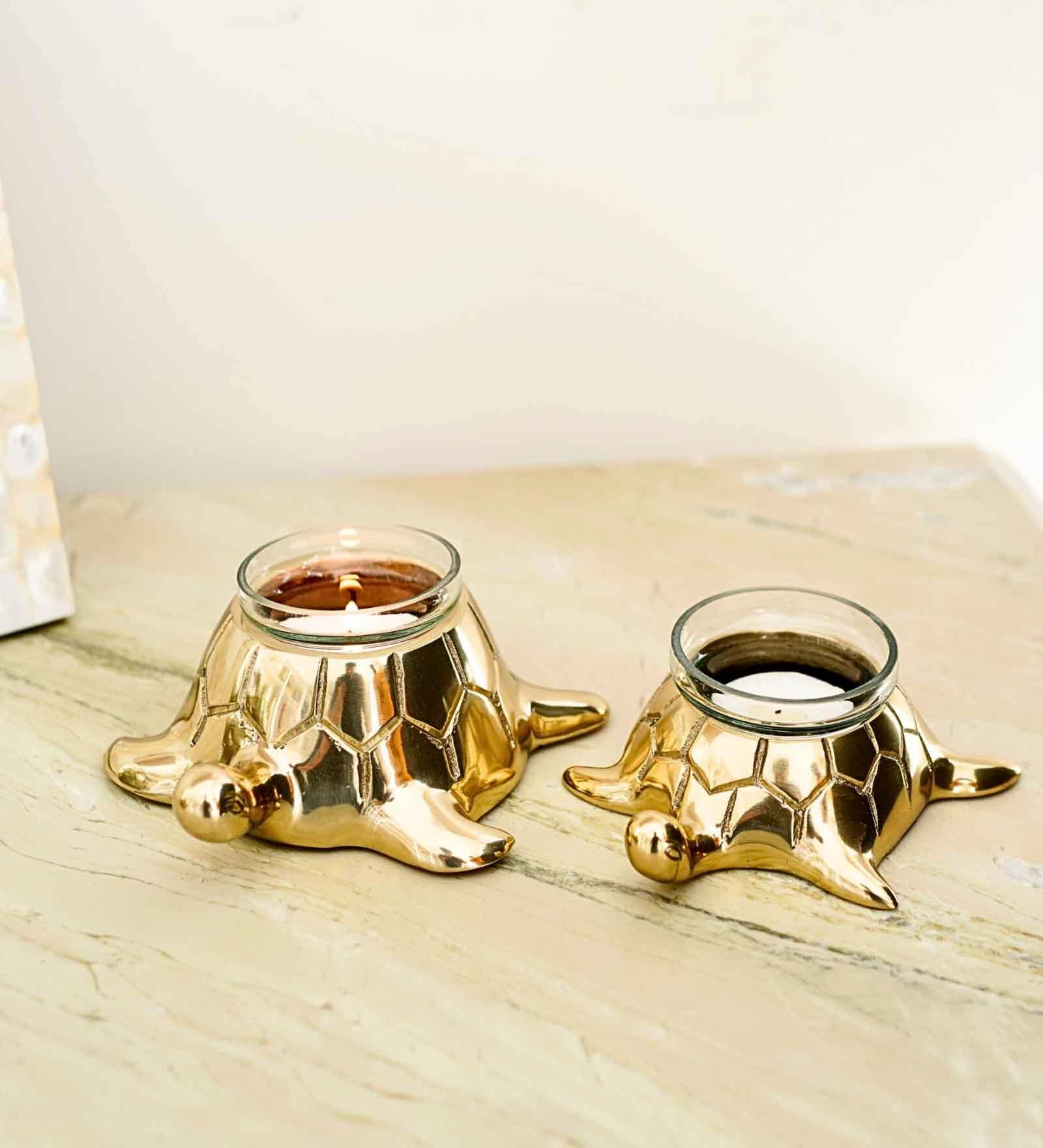 Pair of Turtle Gold Aluminium Candle Holder With Votives
