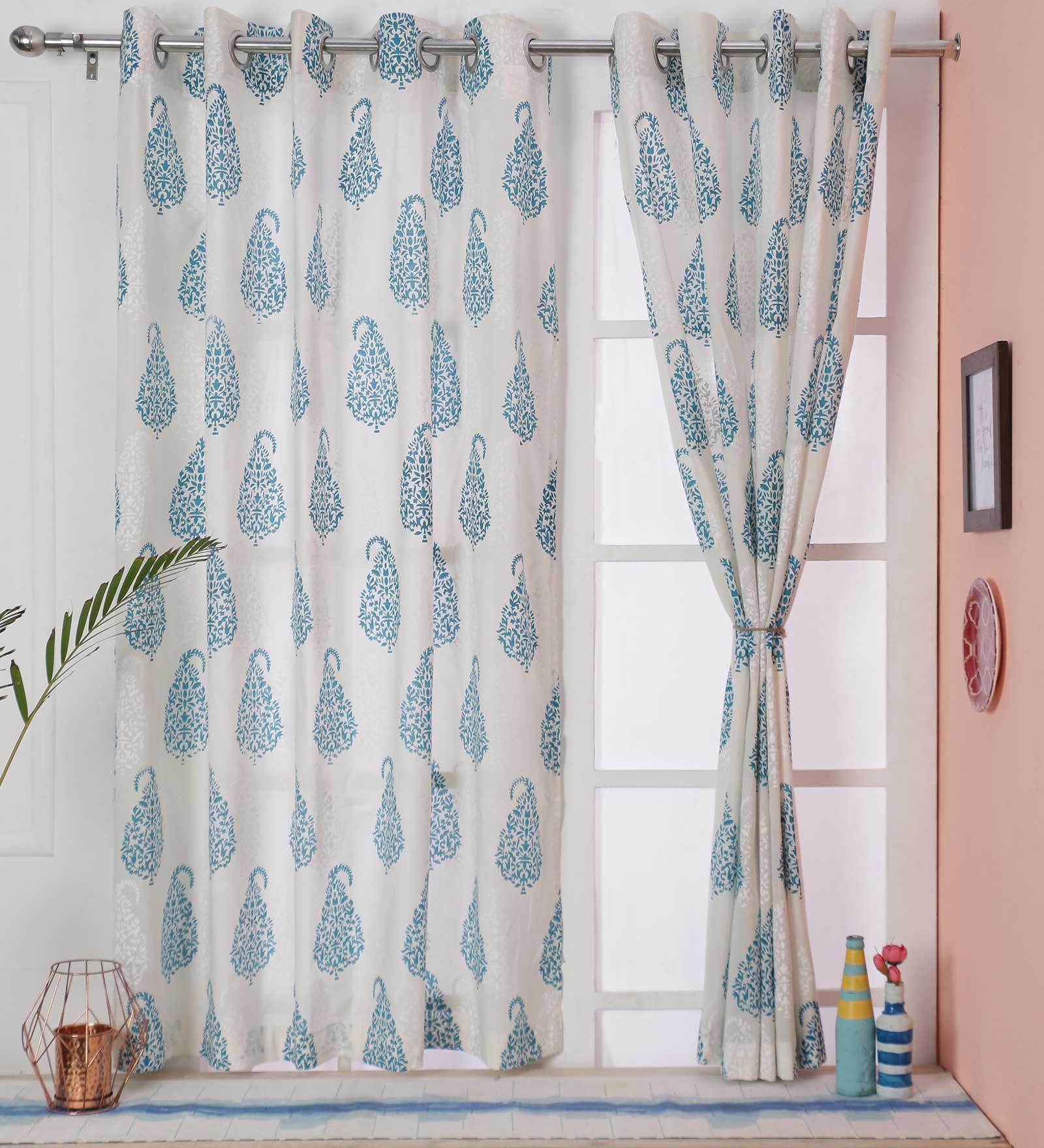 Blue Traditional Cotton 5 Ft Semisheer Eyelet Window Curtain